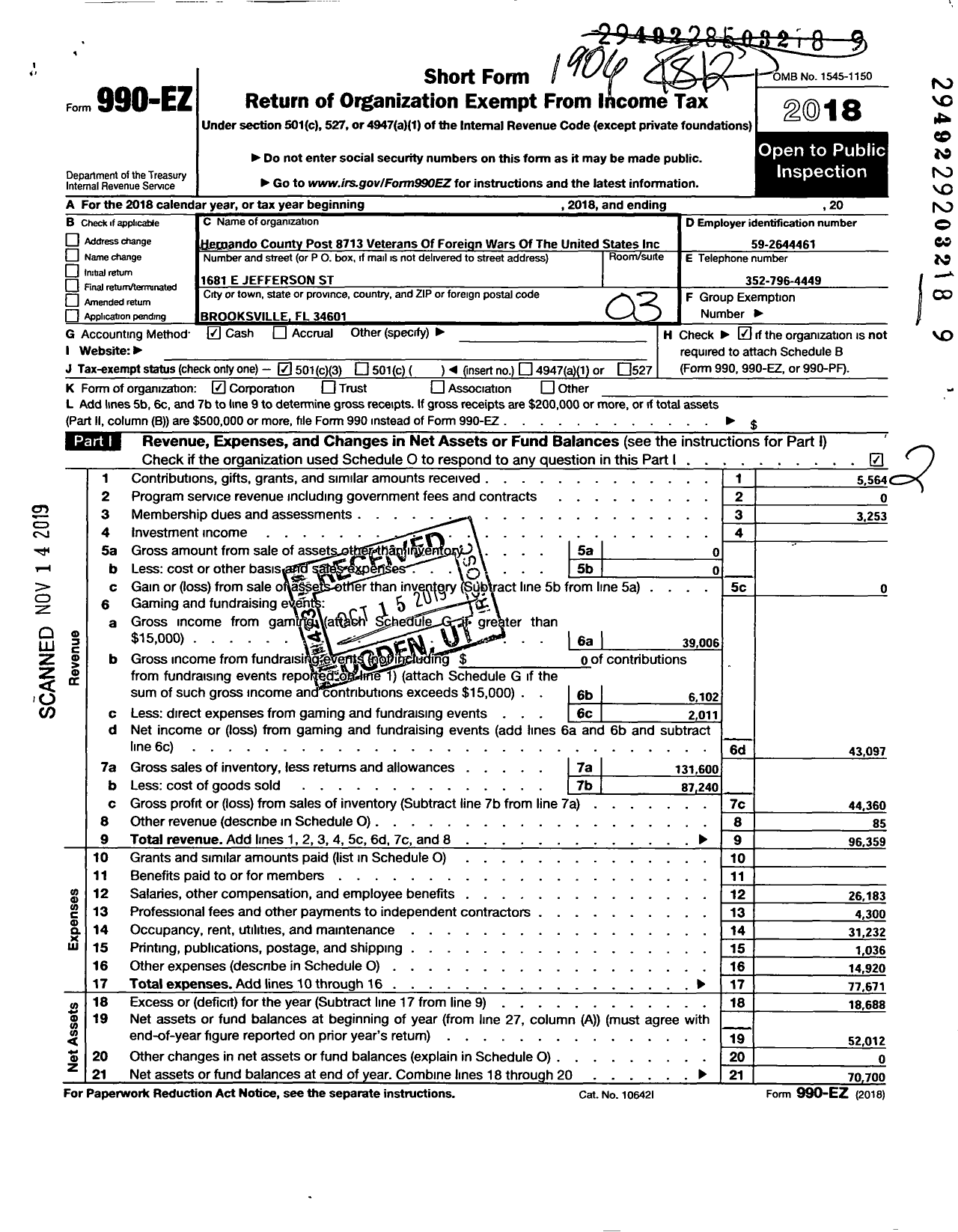 Image of first page of 2018 Form 990EZ for VFW Department of Florida - 8713 VFW Post