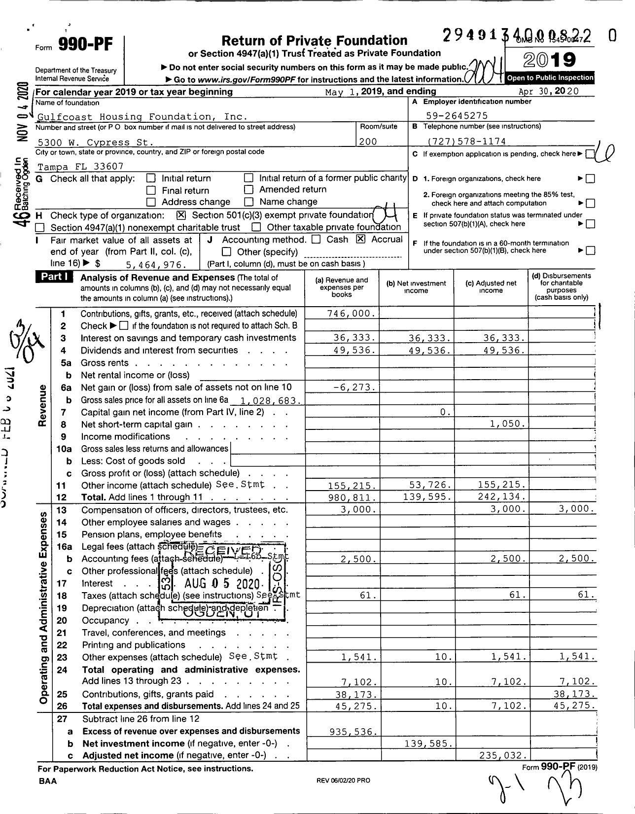 Image of first page of 2019 Form 990PF for Gulfcoast Housing Foundation