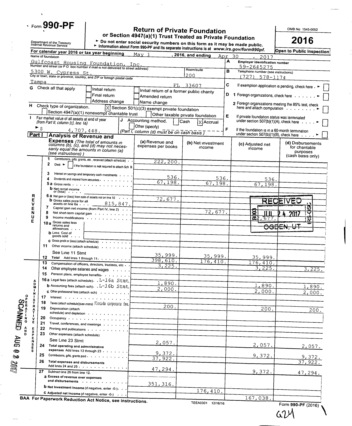 Image of first page of 2016 Form 990PF for Gulfcoast Housing Foundation