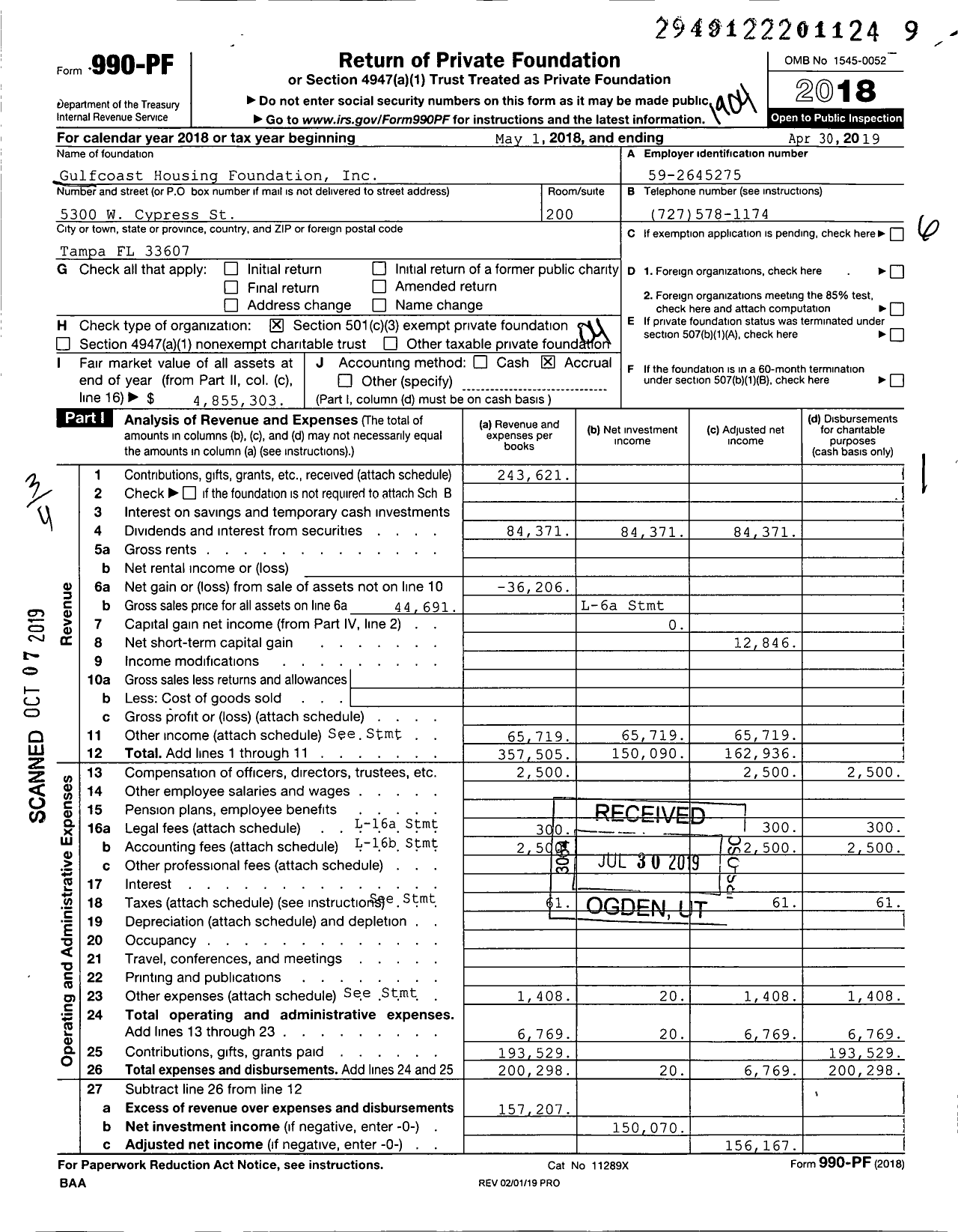 Image of first page of 2018 Form 990PF for Gulfcoast Housing Foundation