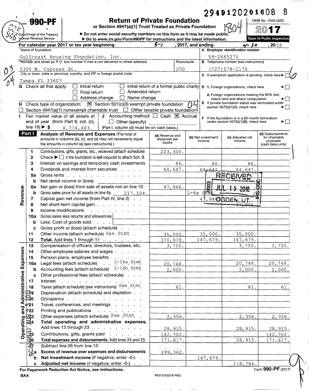 Image of first page of 2017 Form 990PF for Gulfcoast Housing Foundation