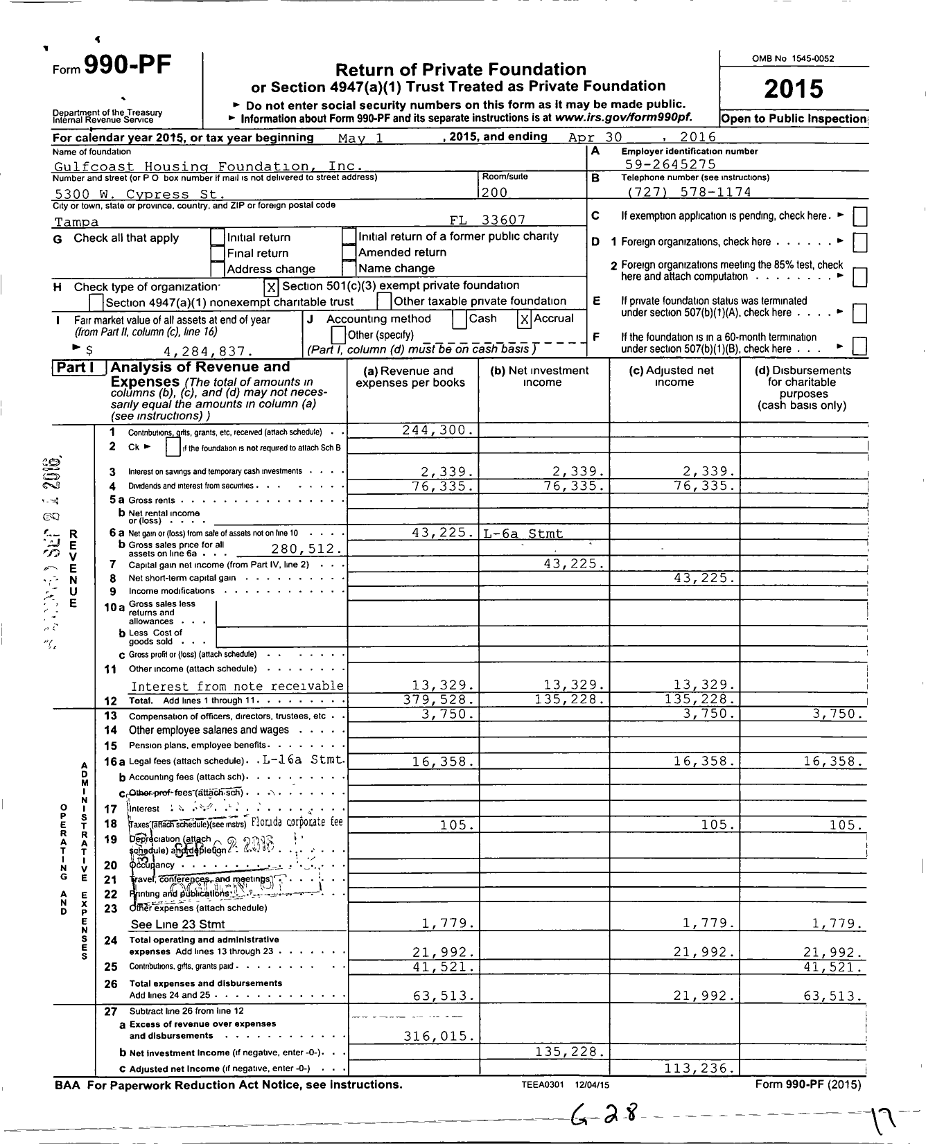 Image of first page of 2015 Form 990PF for Gulfcoast Housing Foundation