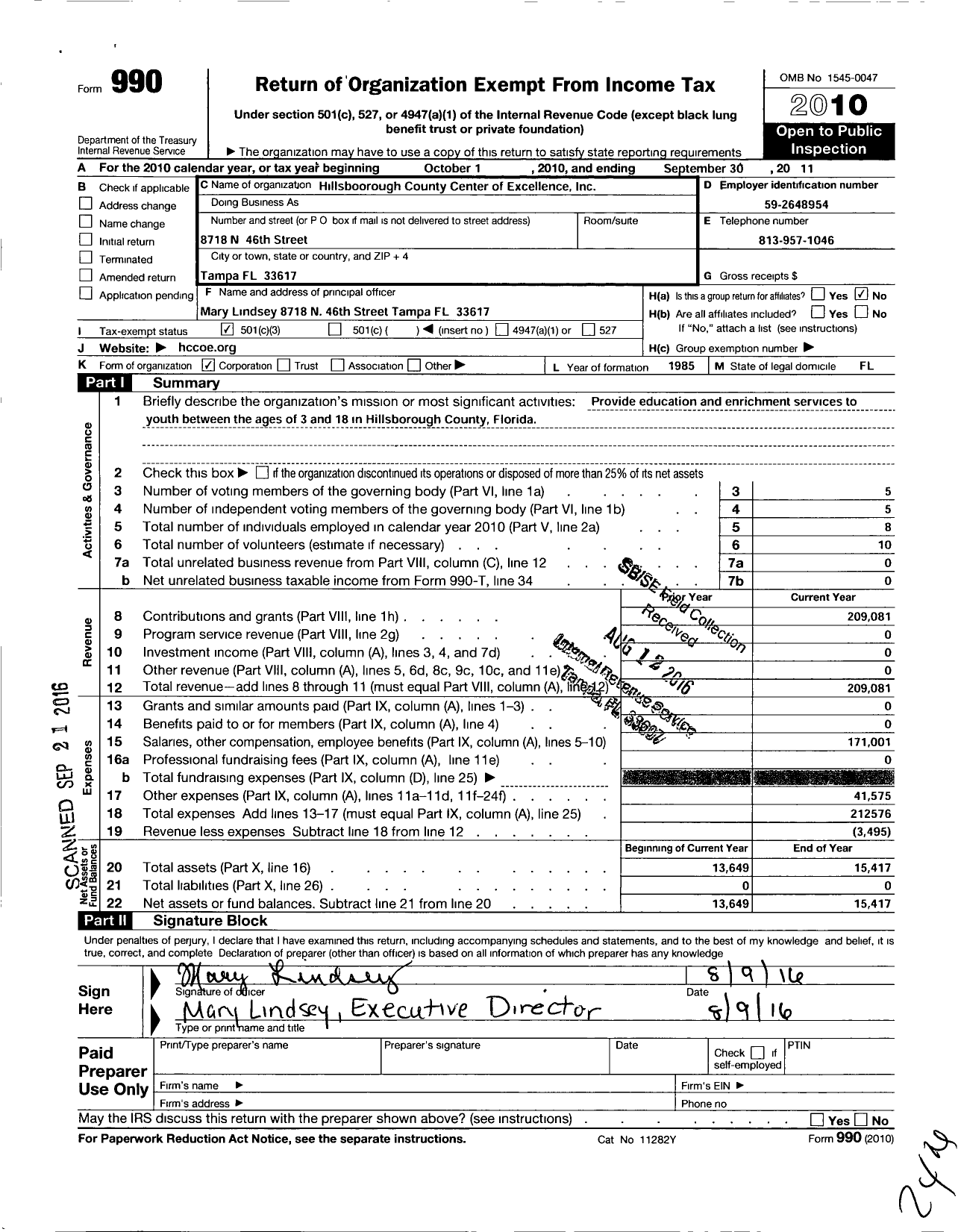 Image of first page of 2010 Form 990 for Hillsborough County Center of Excellence