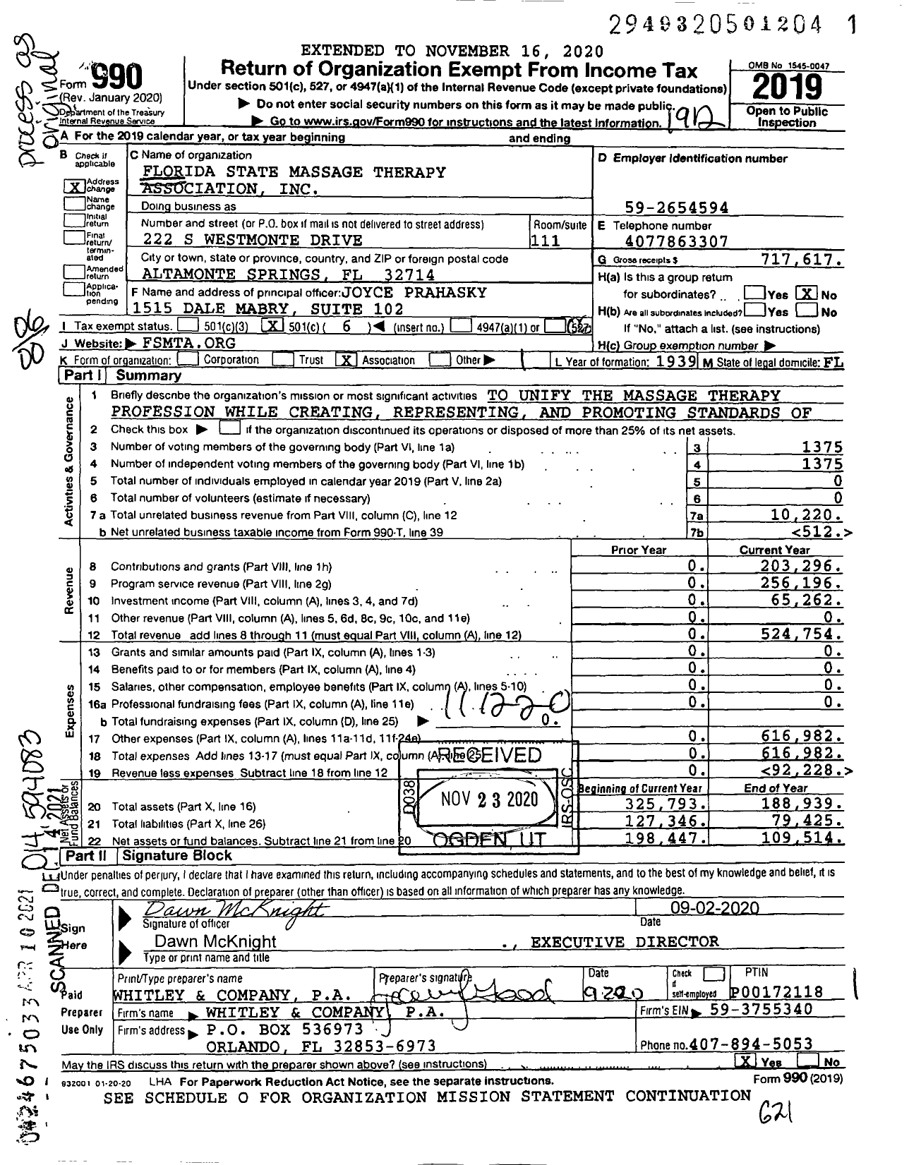 Image of first page of 2019 Form 990O for Florida State Massage Therapy Association