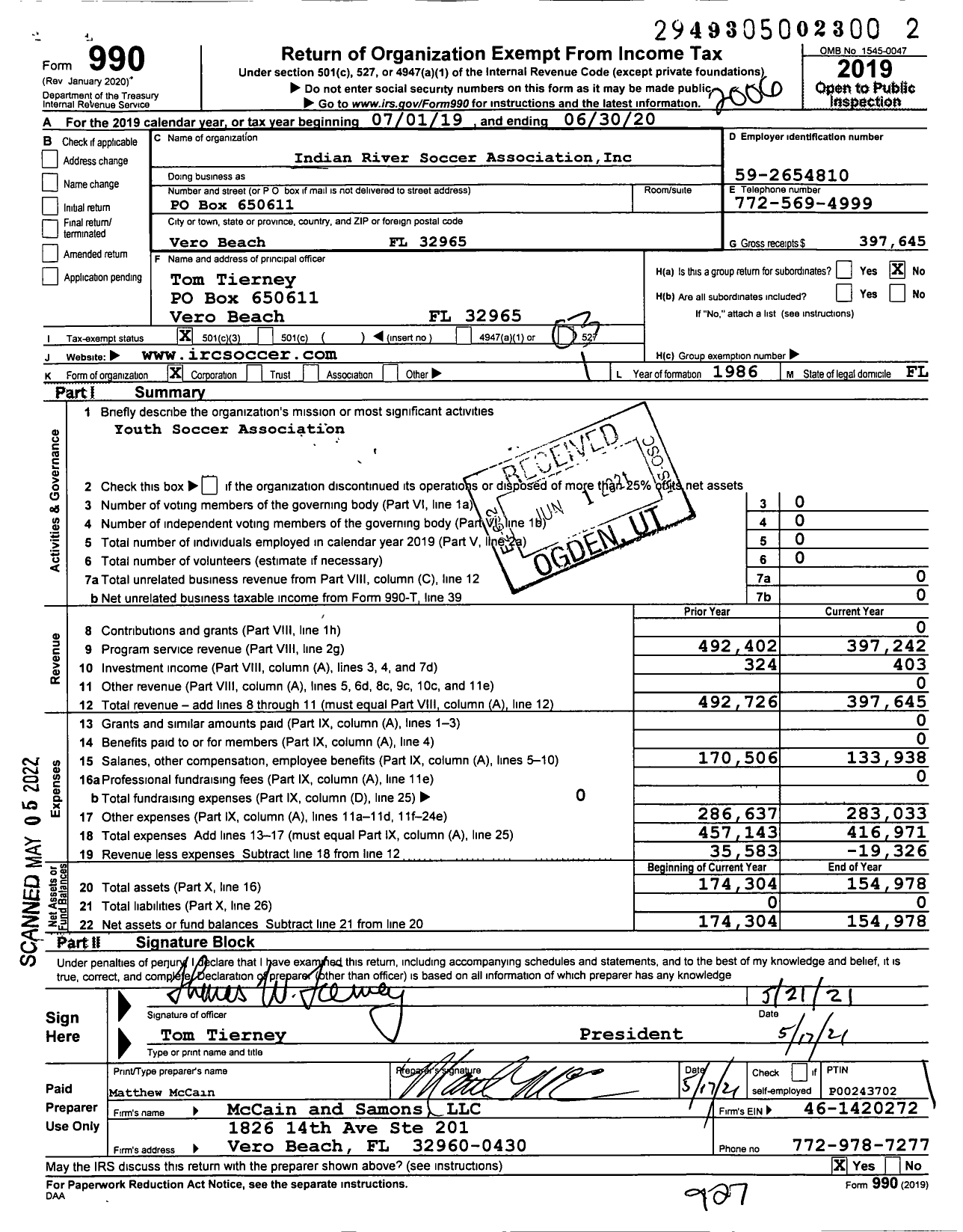 Image of first page of 2019 Form 990 for Indian River Soccer Association