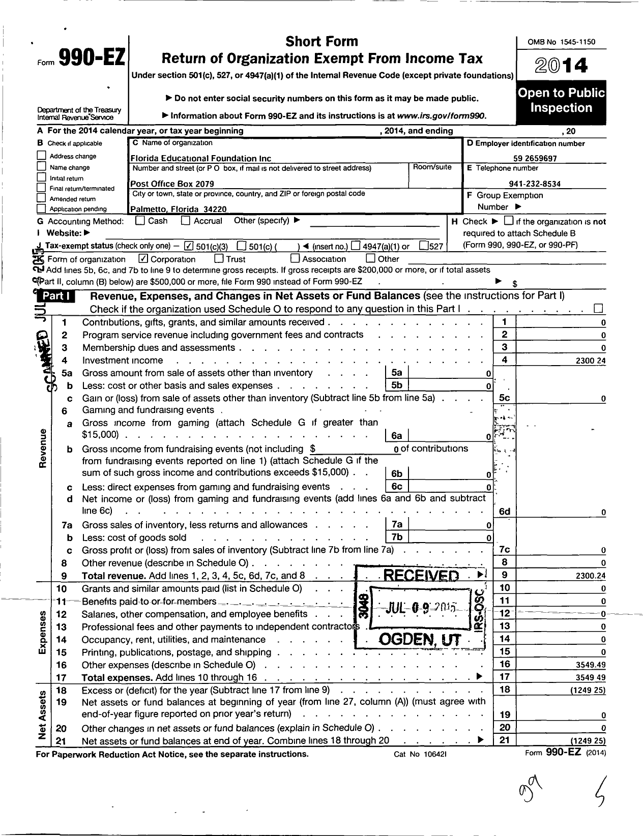 Image of first page of 2014 Form 990EZ for Florida Educational Foundation