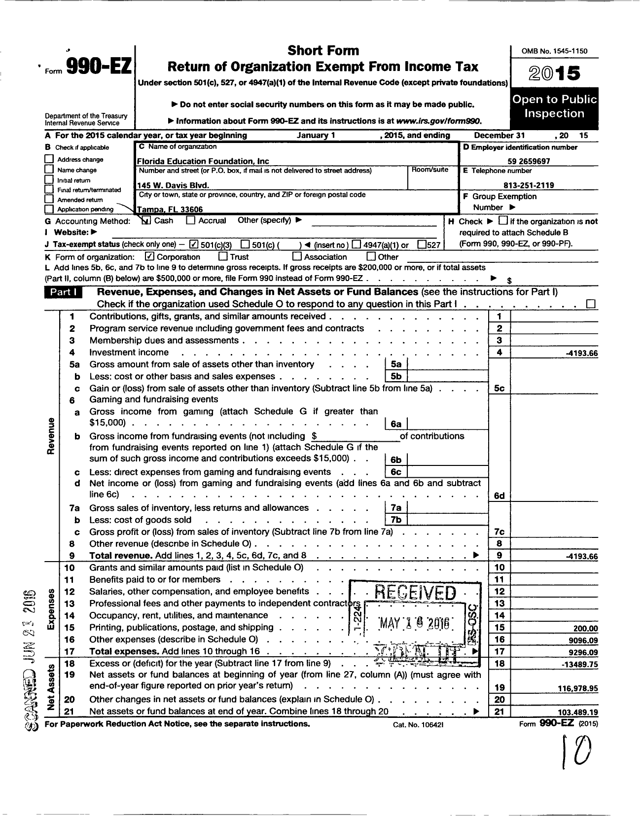 Image of first page of 2015 Form 990EZ for Florida Educational Foundation