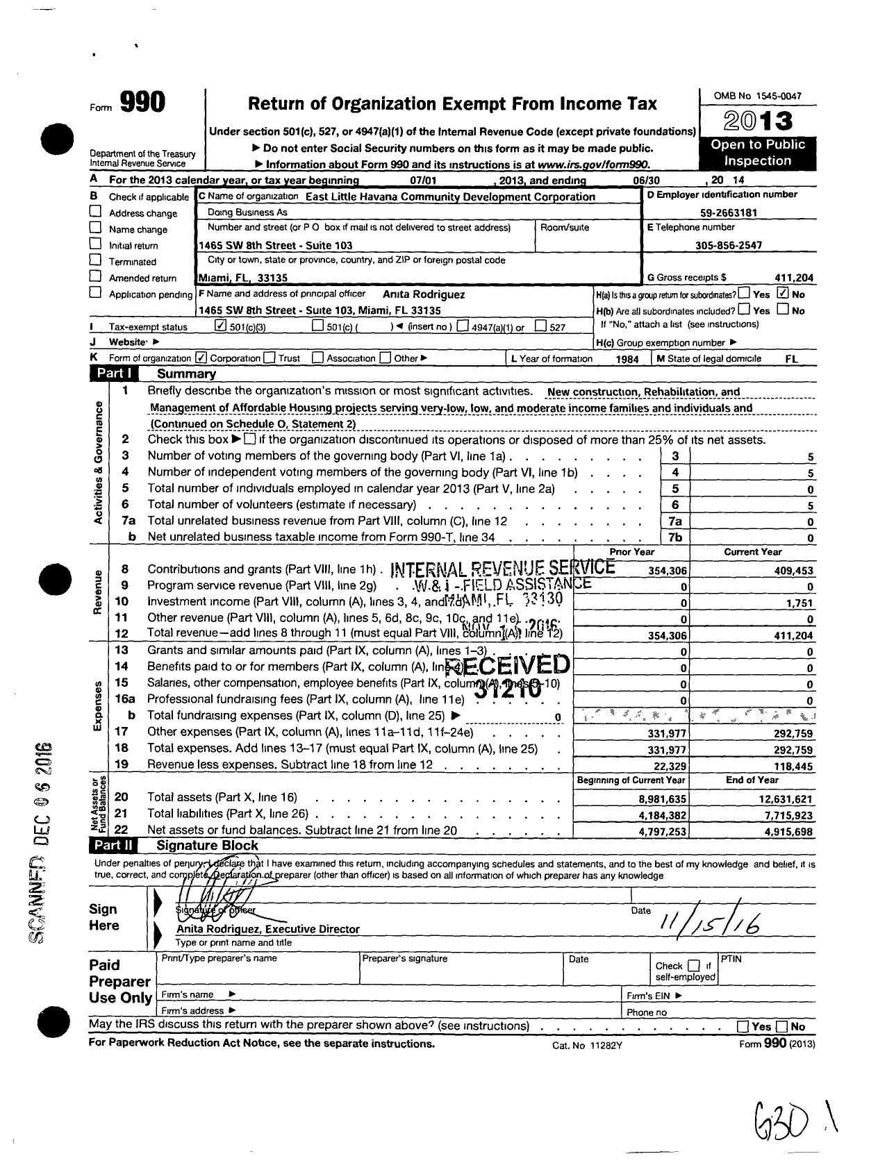 Image of first page of 2013 Form 990 for East Little Havana Community Development Corporation