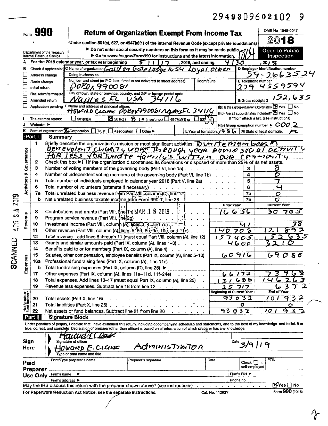 Image of first page of 2017 Form 990O for Golden Gate Lodge 1654 Loyal Order of the Moose