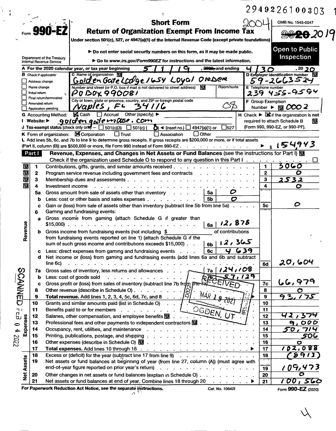 Image of first page of 2019 Form 990EO for Golden Gate Lodge 1654 Loyal Order of the Moose