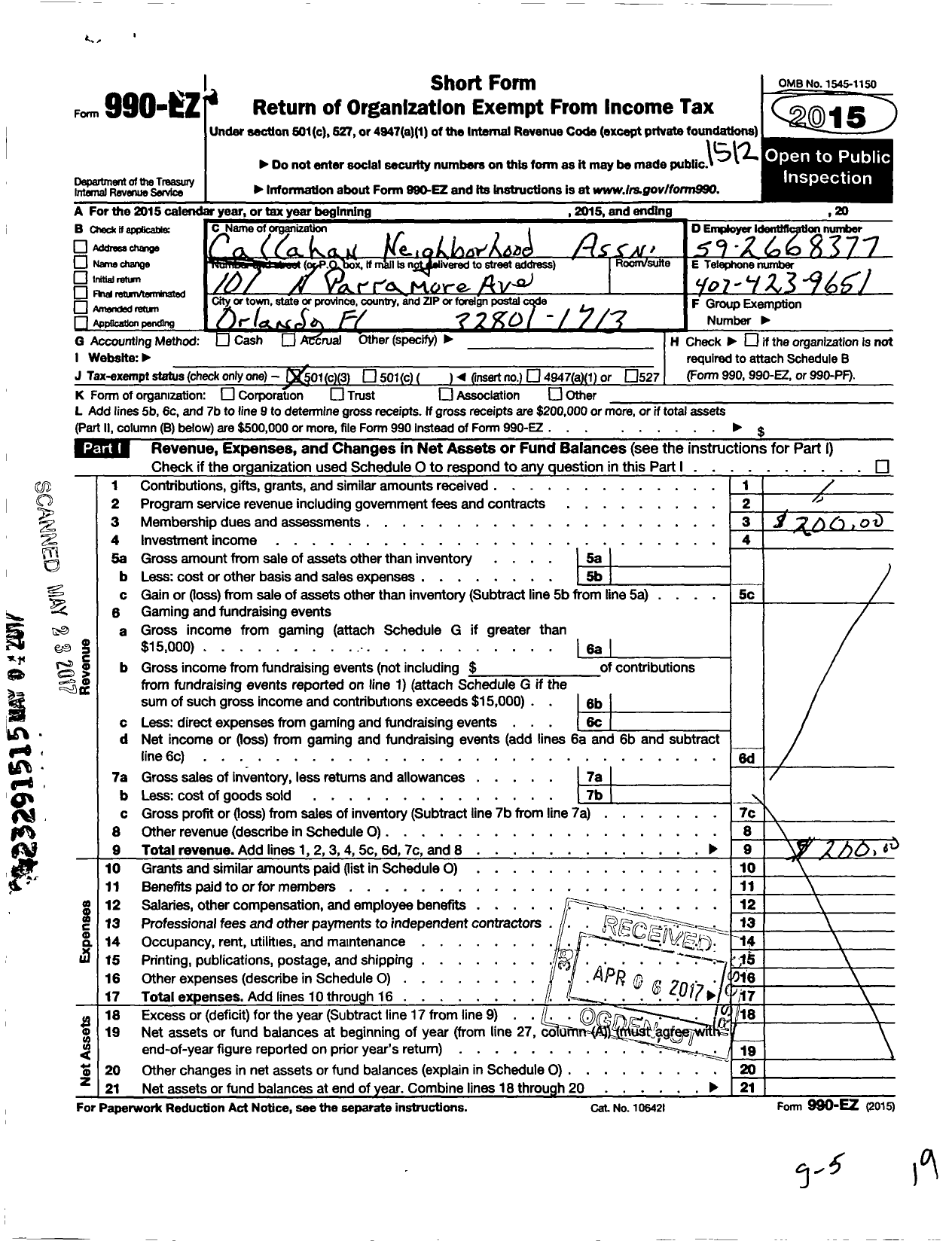 Image of first page of 2015 Form 990EZ for Callahan Neighborhood Association