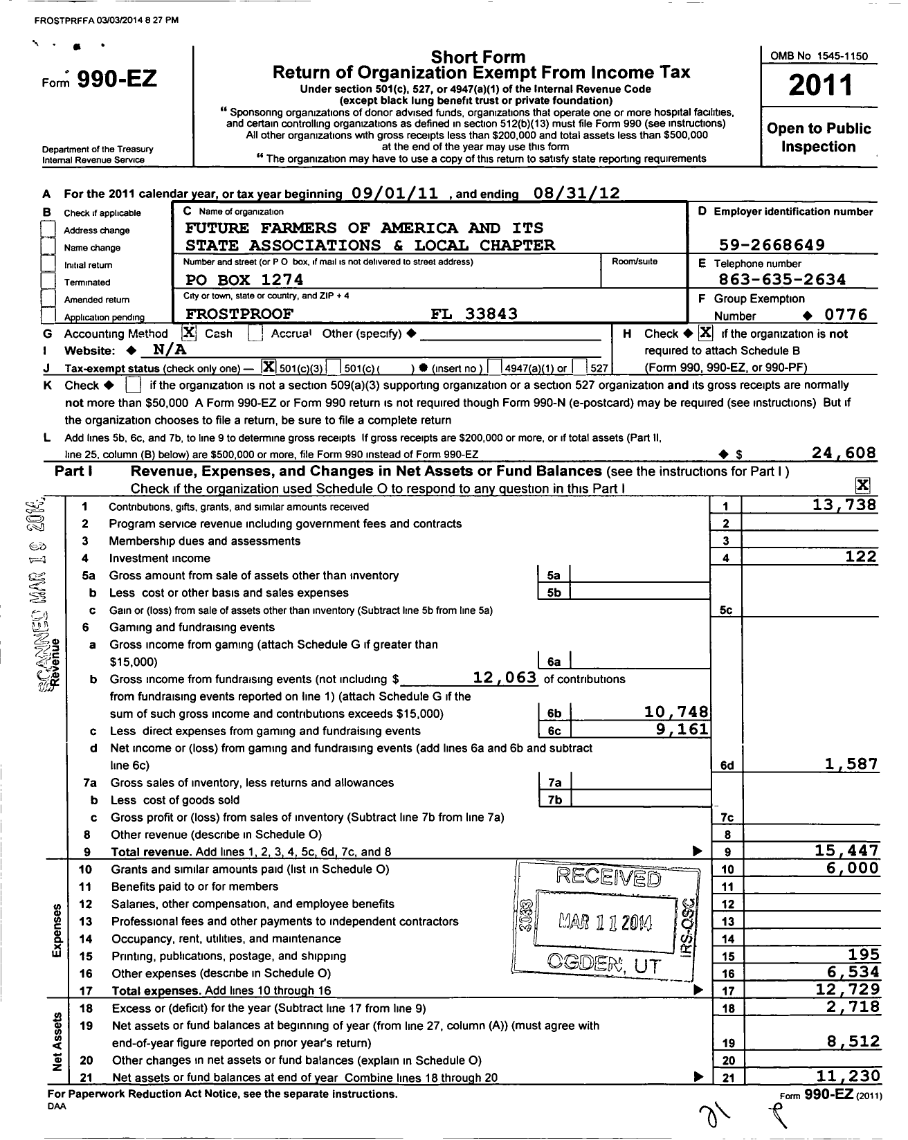 Image of first page of 2011 Form 990EZ for FUTURE FARMERS OF AMERICA - 08044 Frostproof FFA Alumni Associa