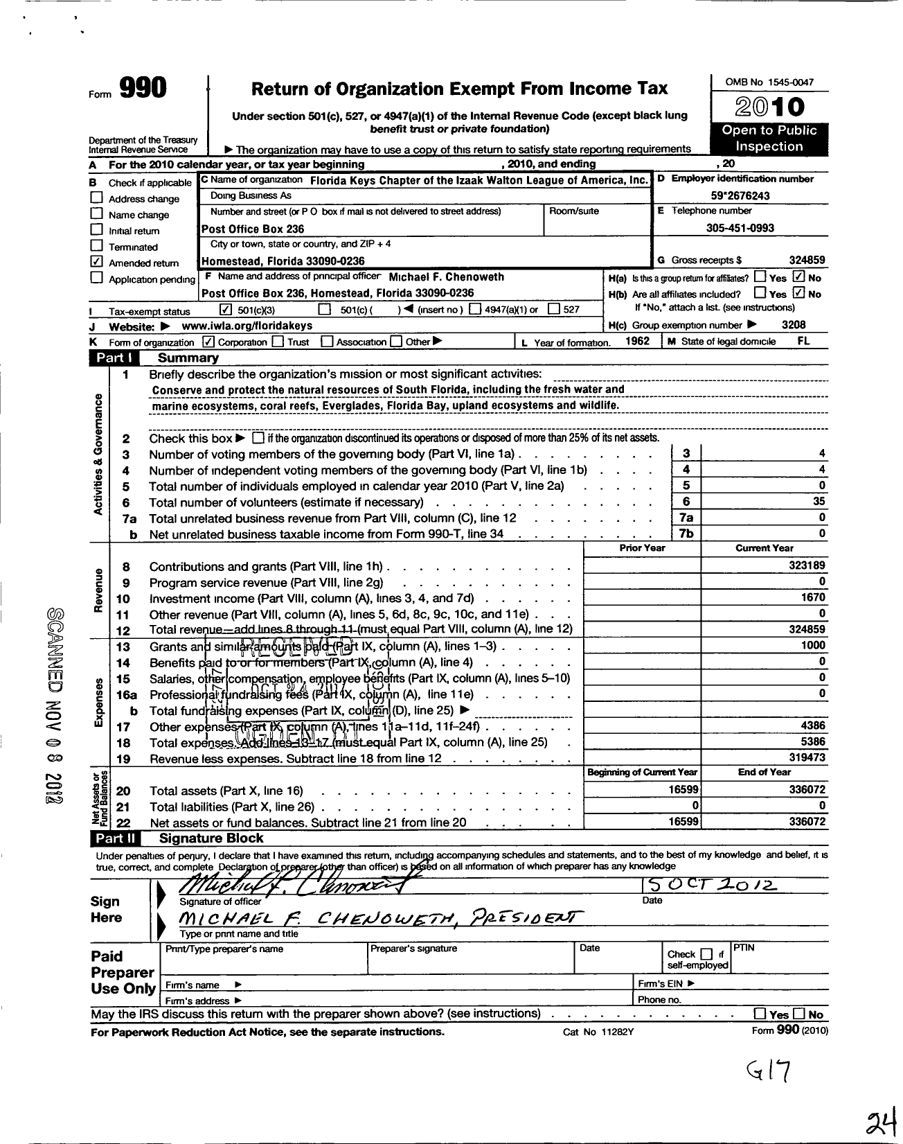 Image of first page of 2010 Form 990 for Izaak Walton League of America - Florida Keys Chapter