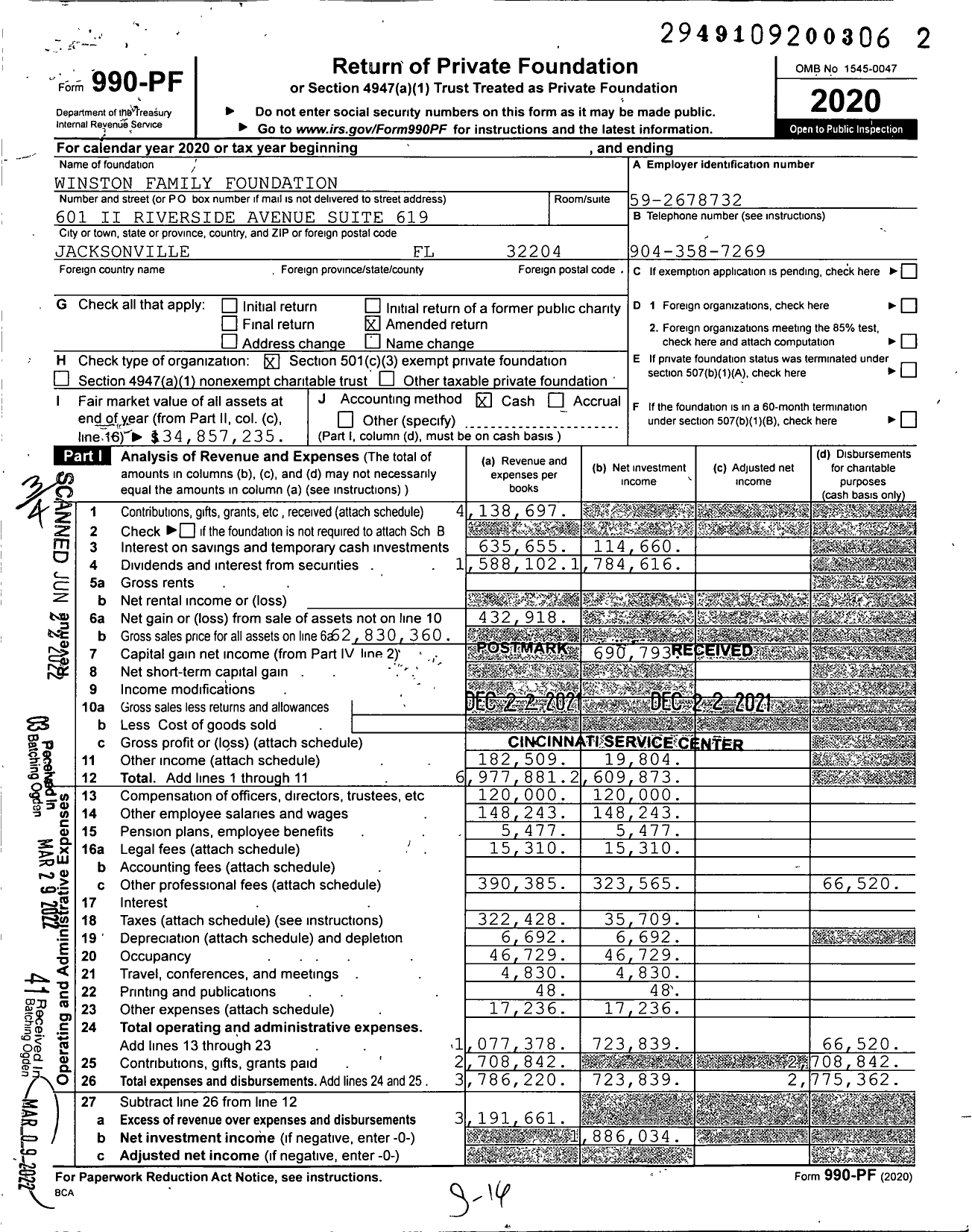 Image of first page of 2020 Form 990PF for Winston Family Foundation
