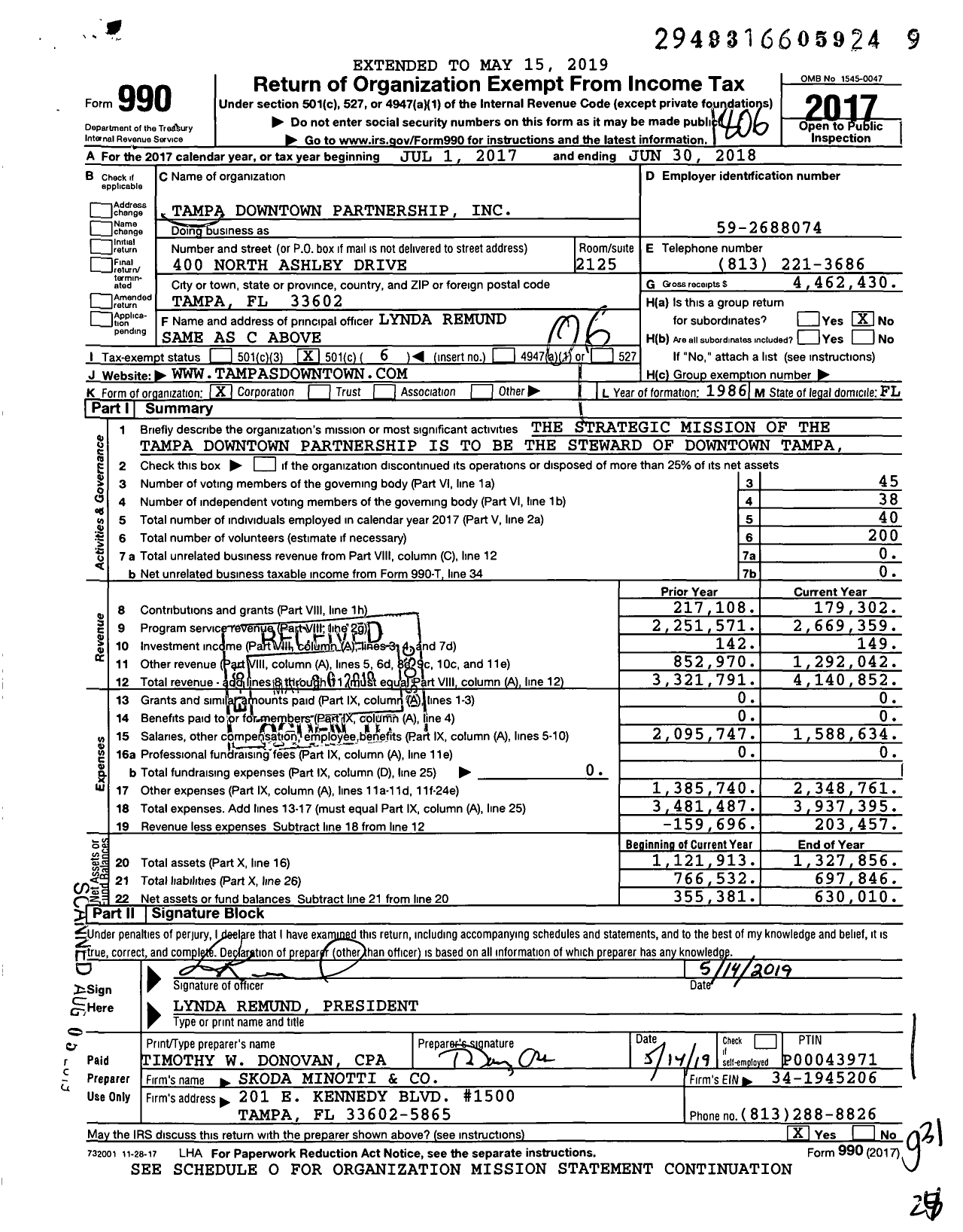 Image of first page of 2017 Form 990O for Tampa Downtown Partnership