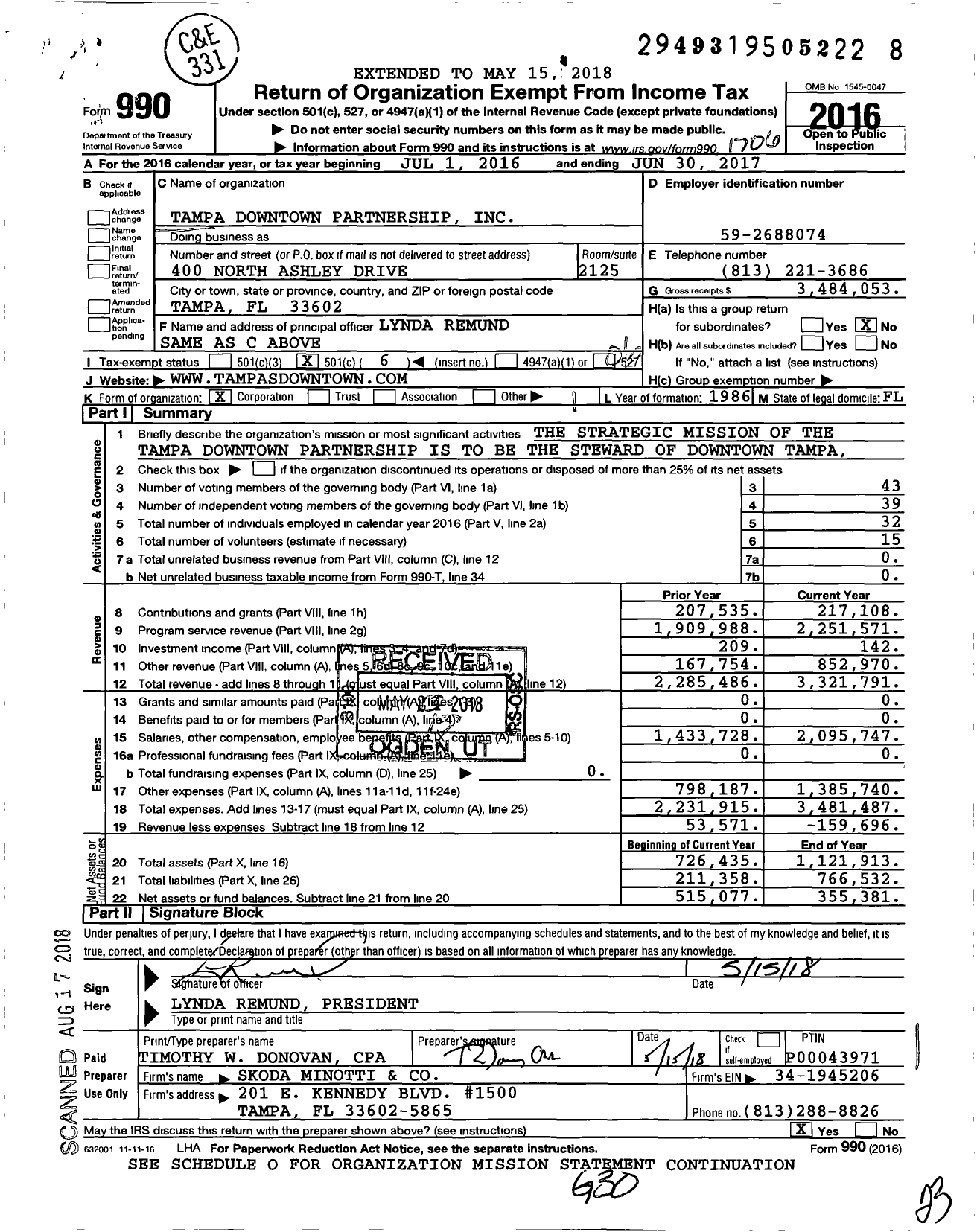 Image of first page of 2016 Form 990O for Tampa Downtown Partnership