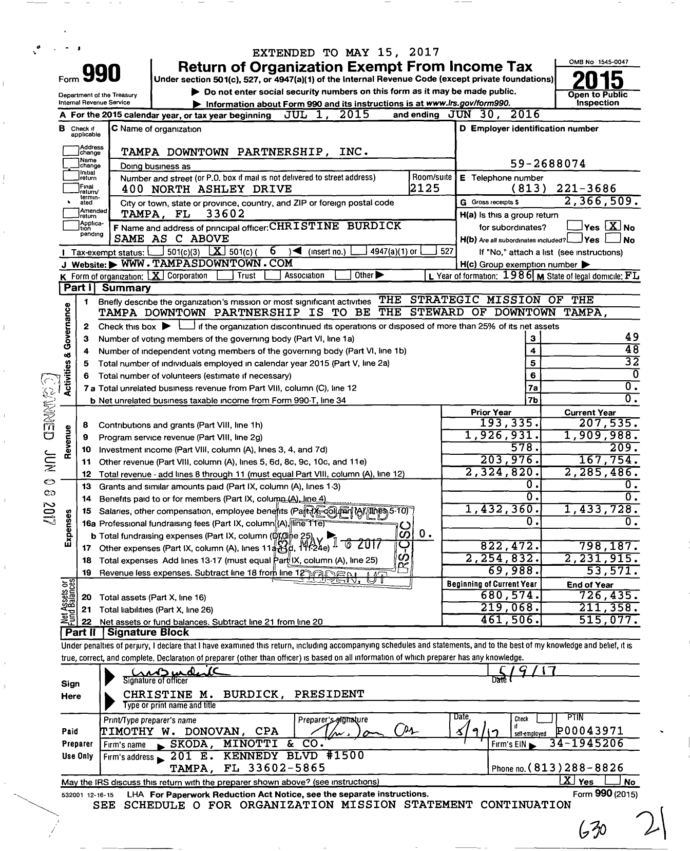Image of first page of 2015 Form 990O for Tampa Downtown Partnership