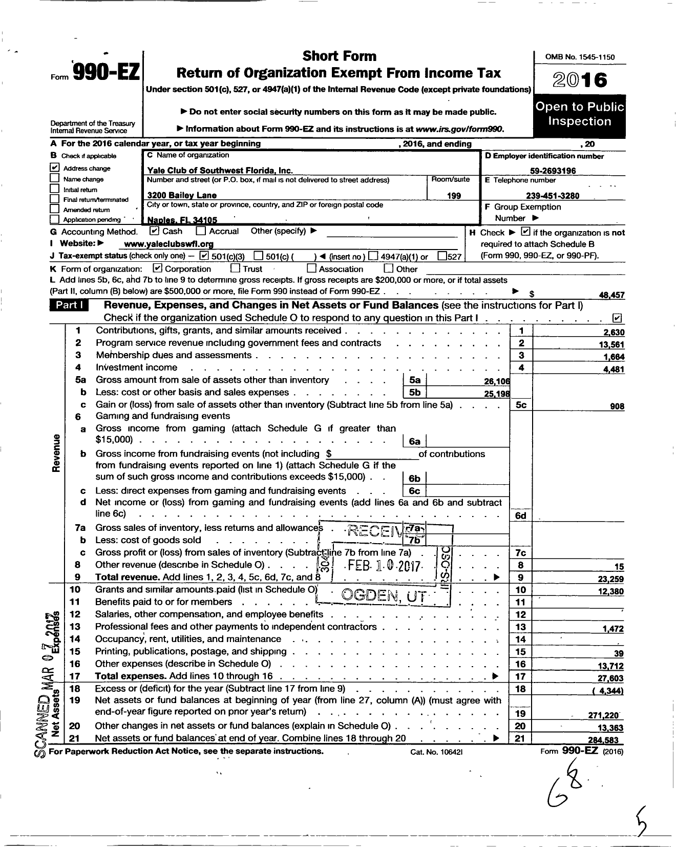 Image of first page of 2016 Form 990EZ for Yale Club of Southwest Florida