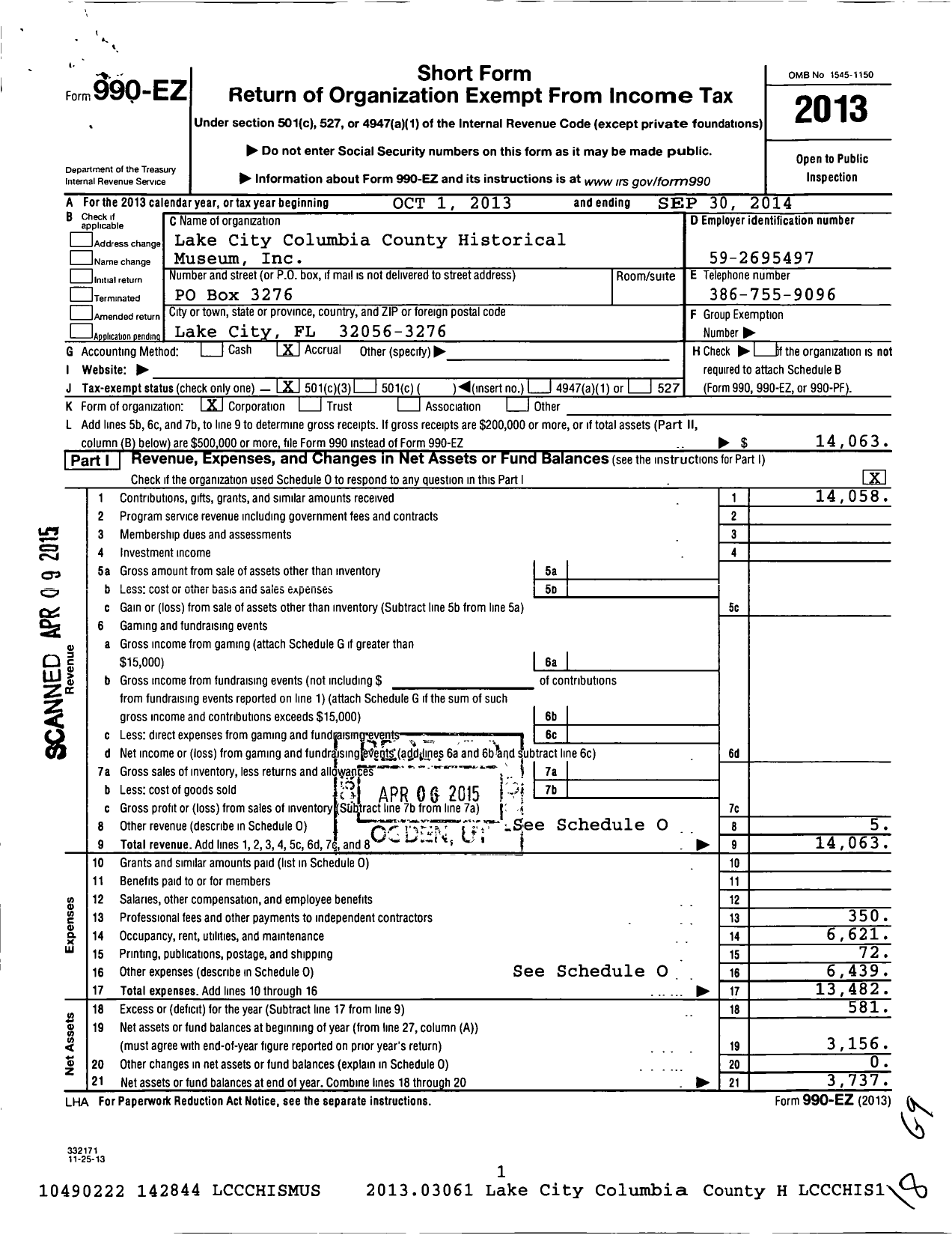 Image of first page of 2013 Form 990EZ for Lake City - Columbia County Historical Museum