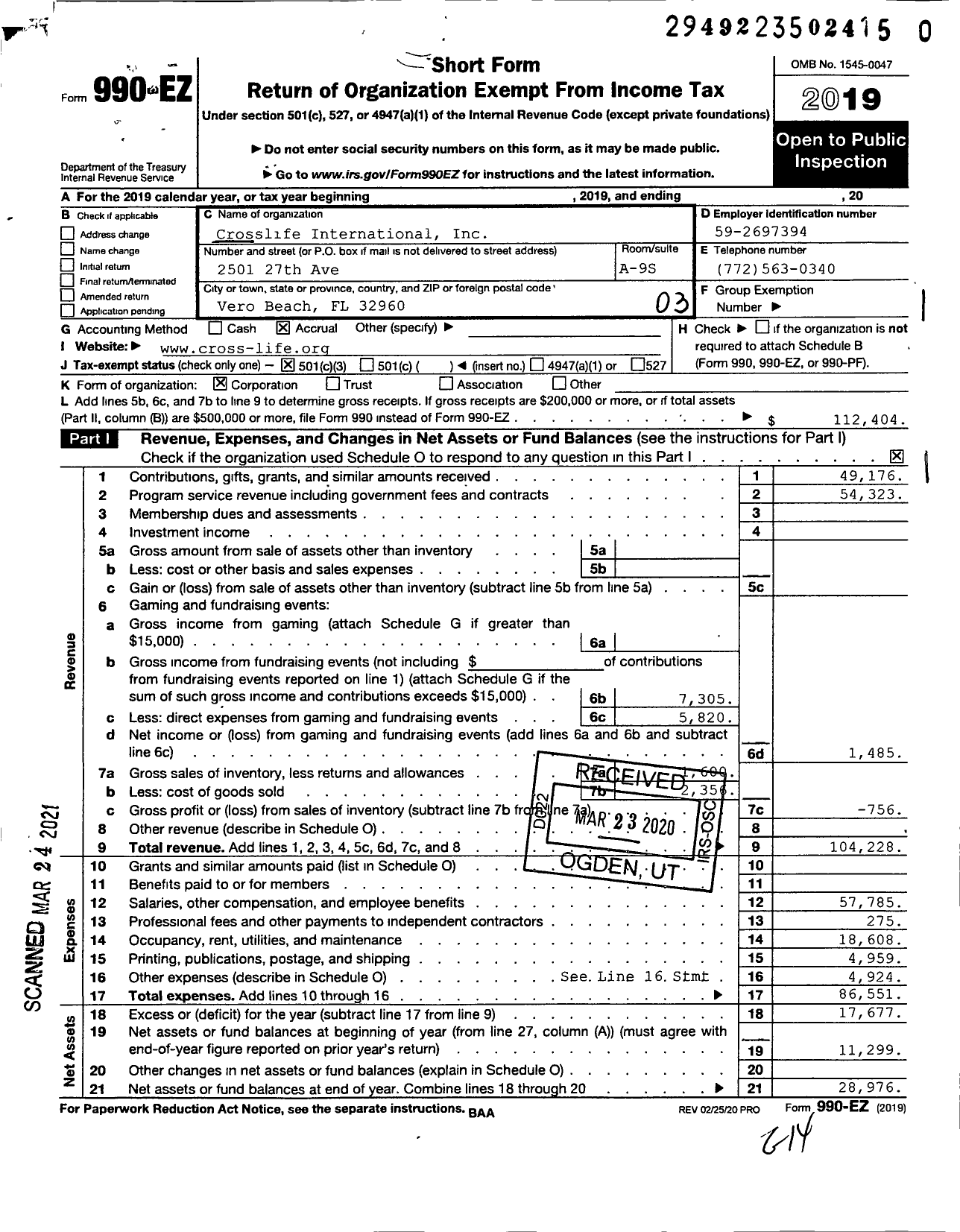 Image of first page of 2019 Form 990EZ for Crosslife International