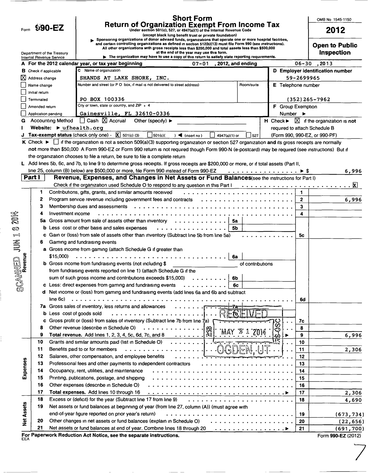 Image of first page of 2012 Form 990EZ for University of Florida Health Corporation