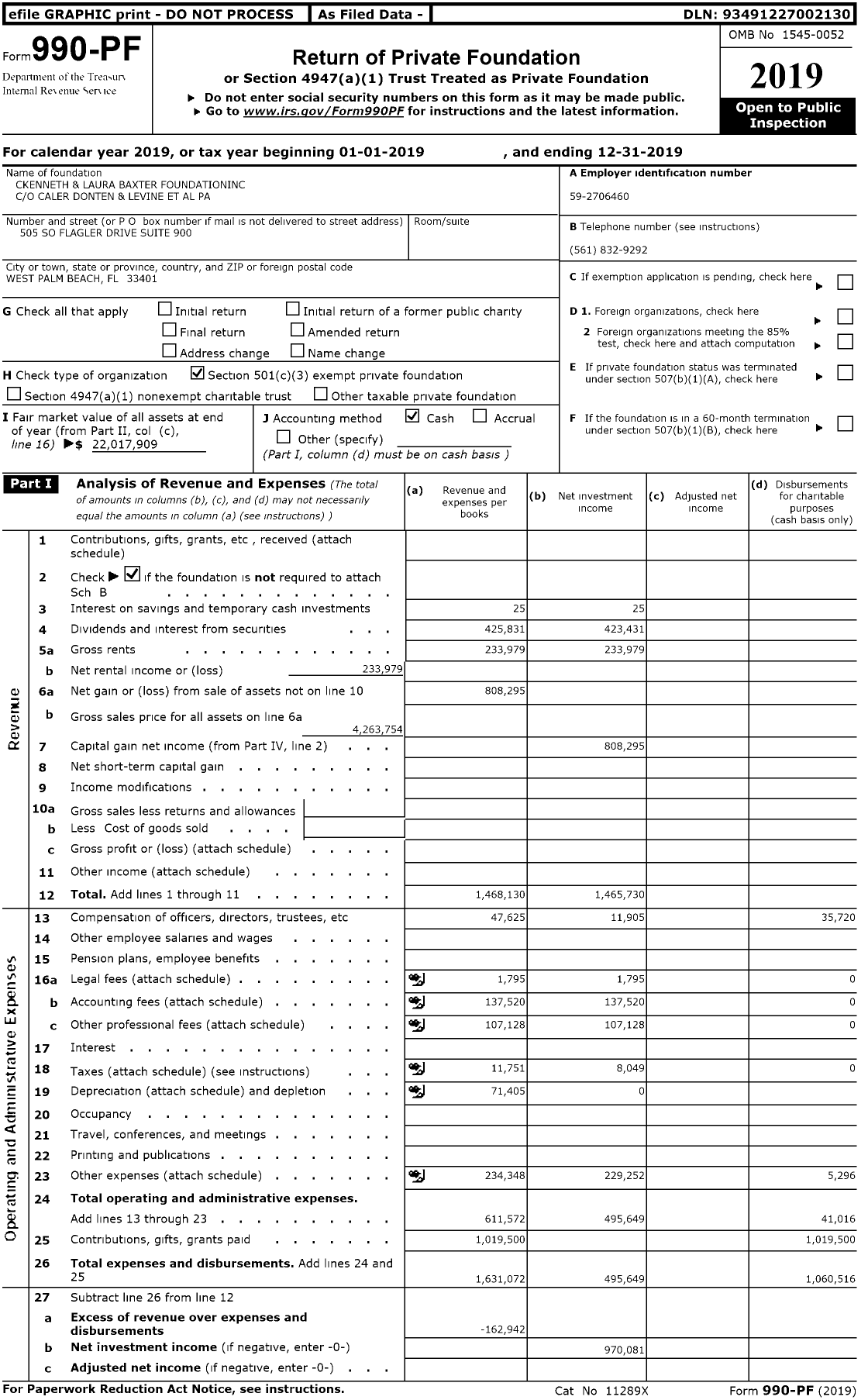 Image of first page of 2019 Form 990PR for Ckenneth and Laura Baxter Foundation