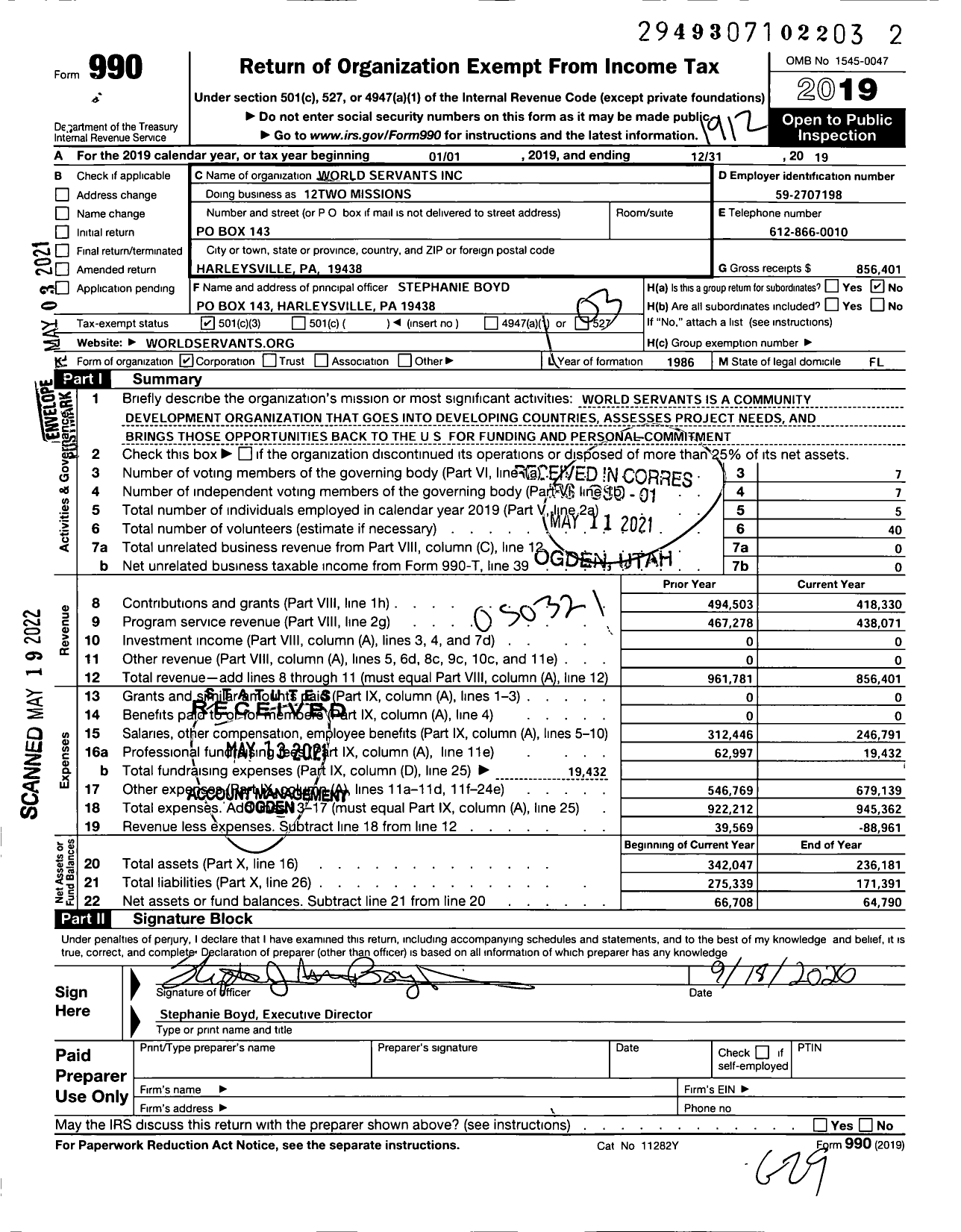 Image of first page of 2019 Form 990 for World Servants