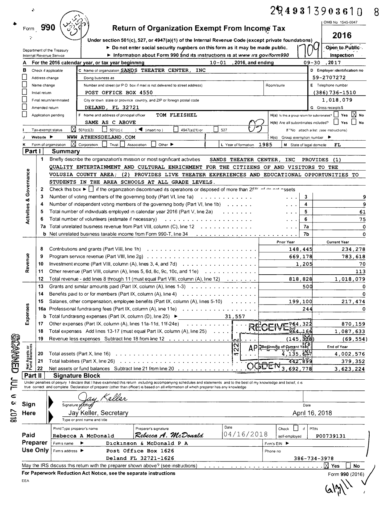 Image of first page of 2016 Form 990 for Sands Theater Center