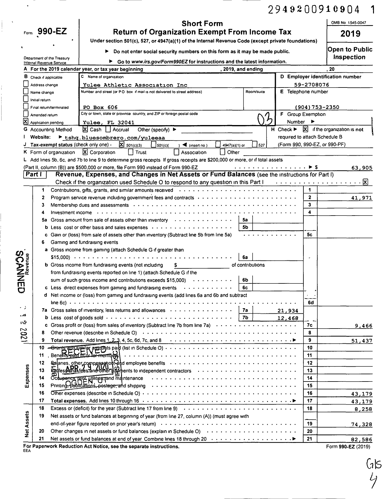 Image of first page of 2019 Form 990EZ for Yulee Athletic Association