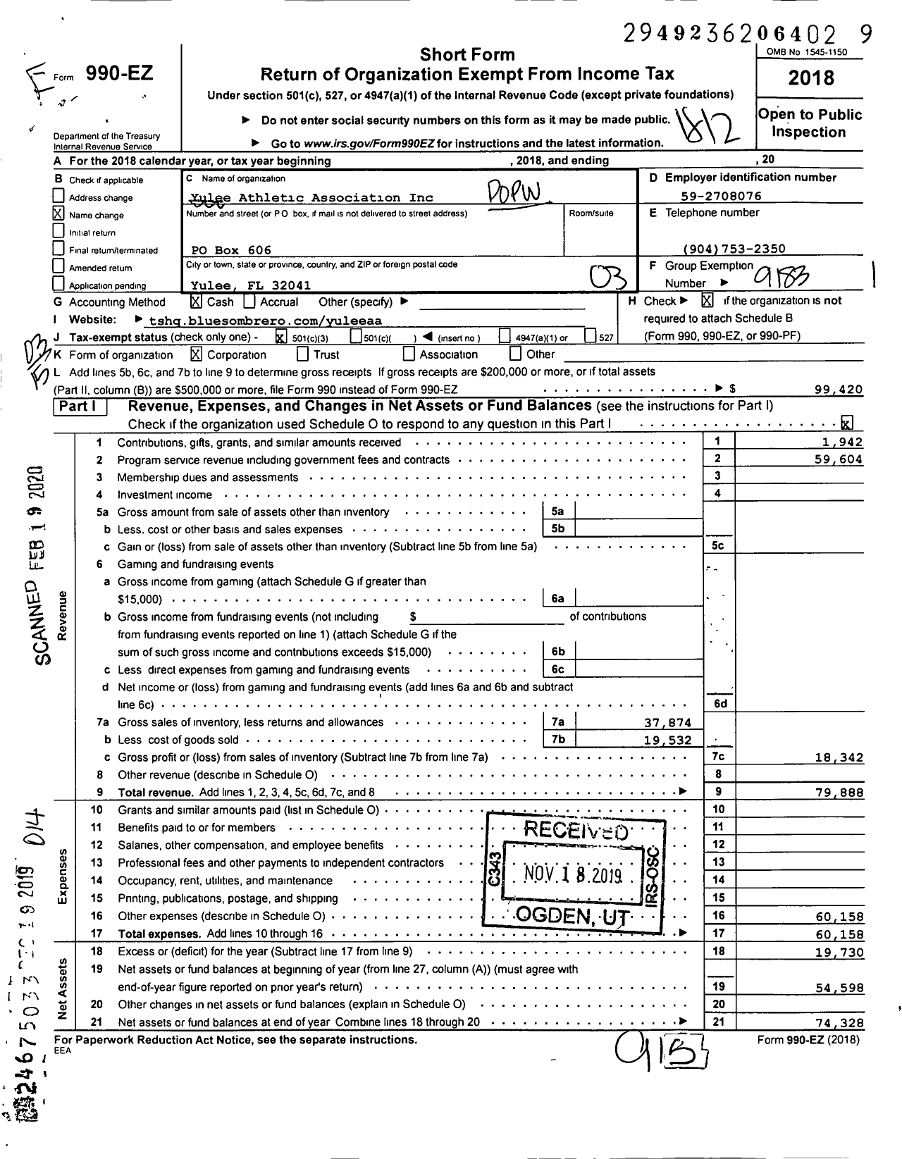 Image of first page of 2018 Form 990EZ for Yulee Athletic Association