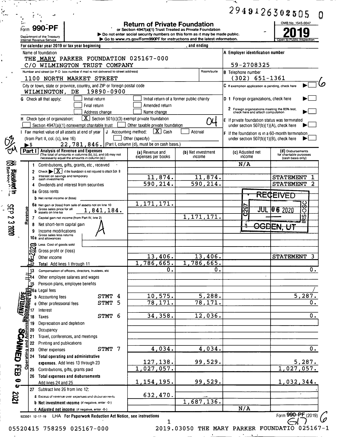Image of first page of 2019 Form 990PF for The Mary Parker Foundation 157823-000