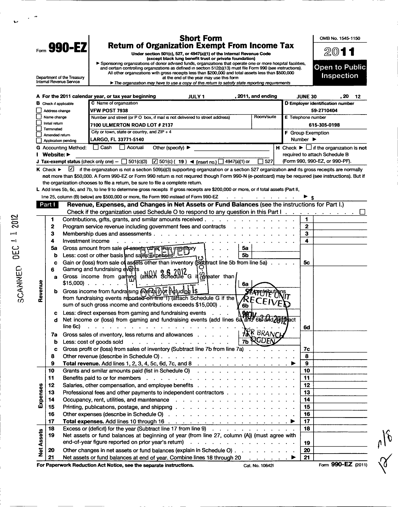 Image of first page of 2011 Form 990EO for VFW Department of Florida - 7938 Post