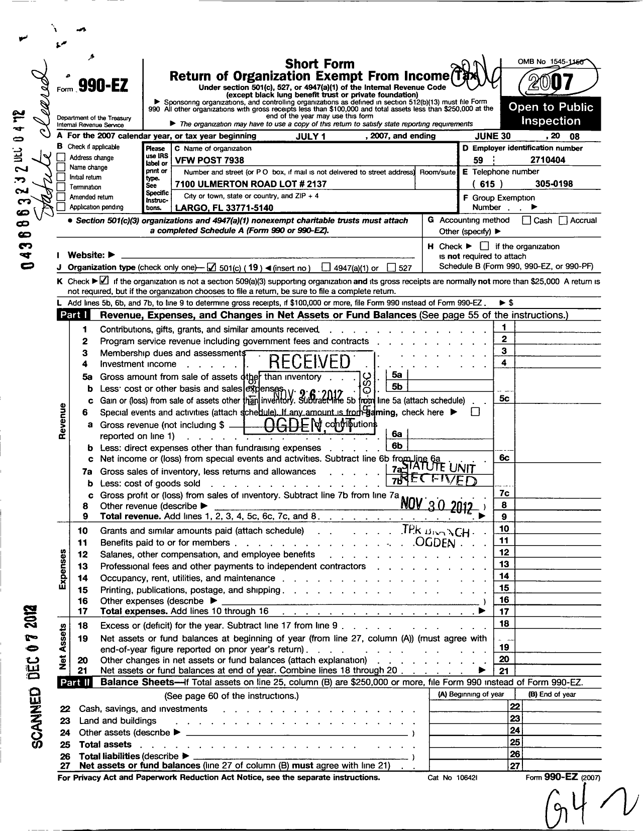 Image of first page of 2007 Form 990EO for VFW Department of Florida - 7938 Post