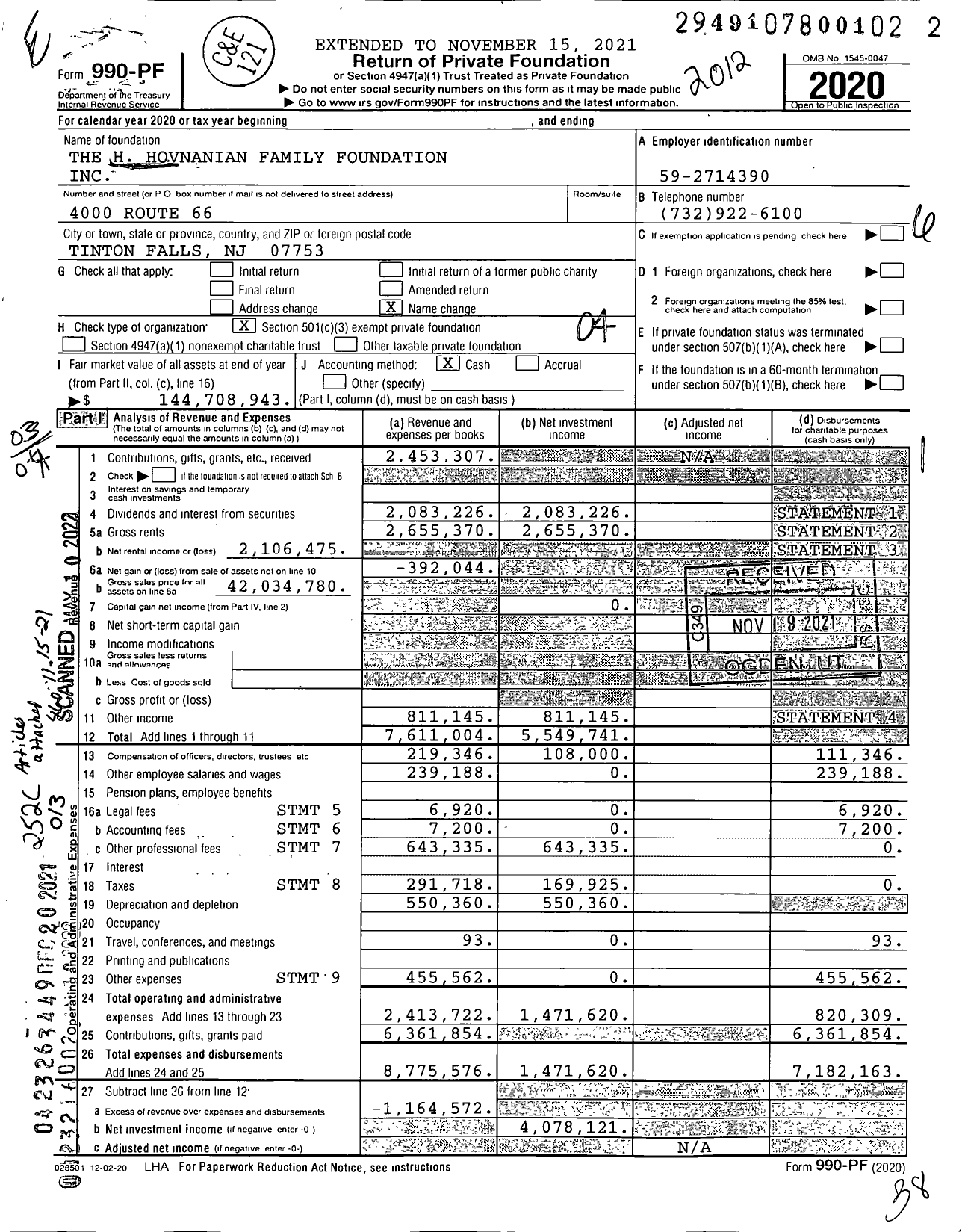 Image of first page of 2020 Form 990PF for The H Hovnanian Family Foundation