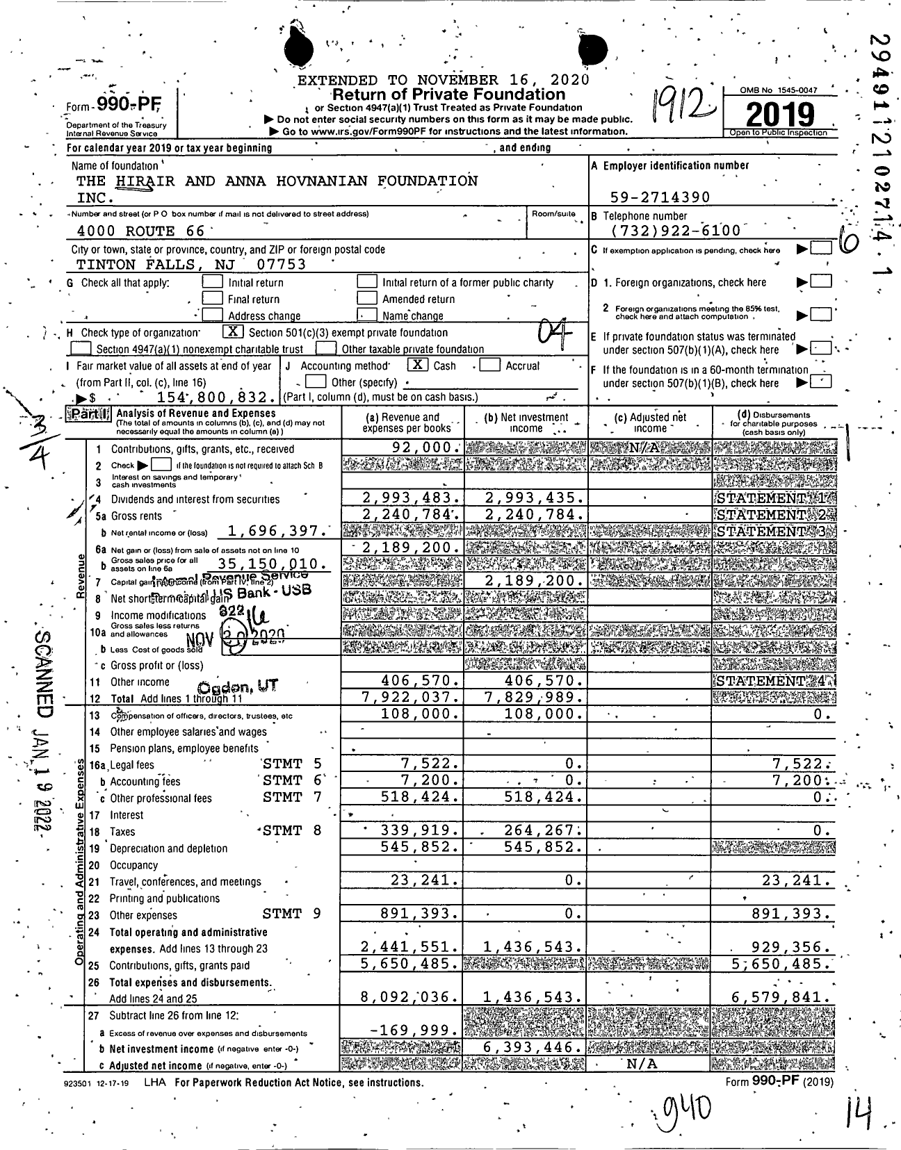 Image of first page of 2019 Form 990PF for The H Hovnanian Family Foundation