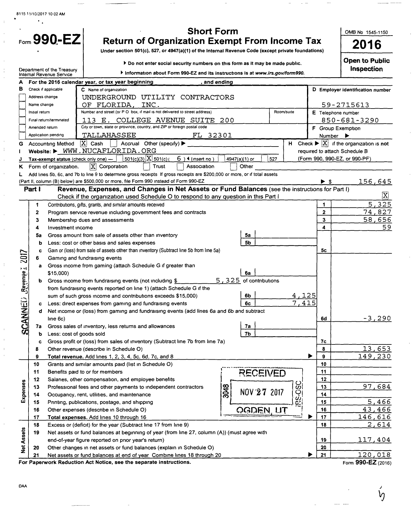 Image of first page of 2016 Form 990EO for Underground Utility Contractors of Florida