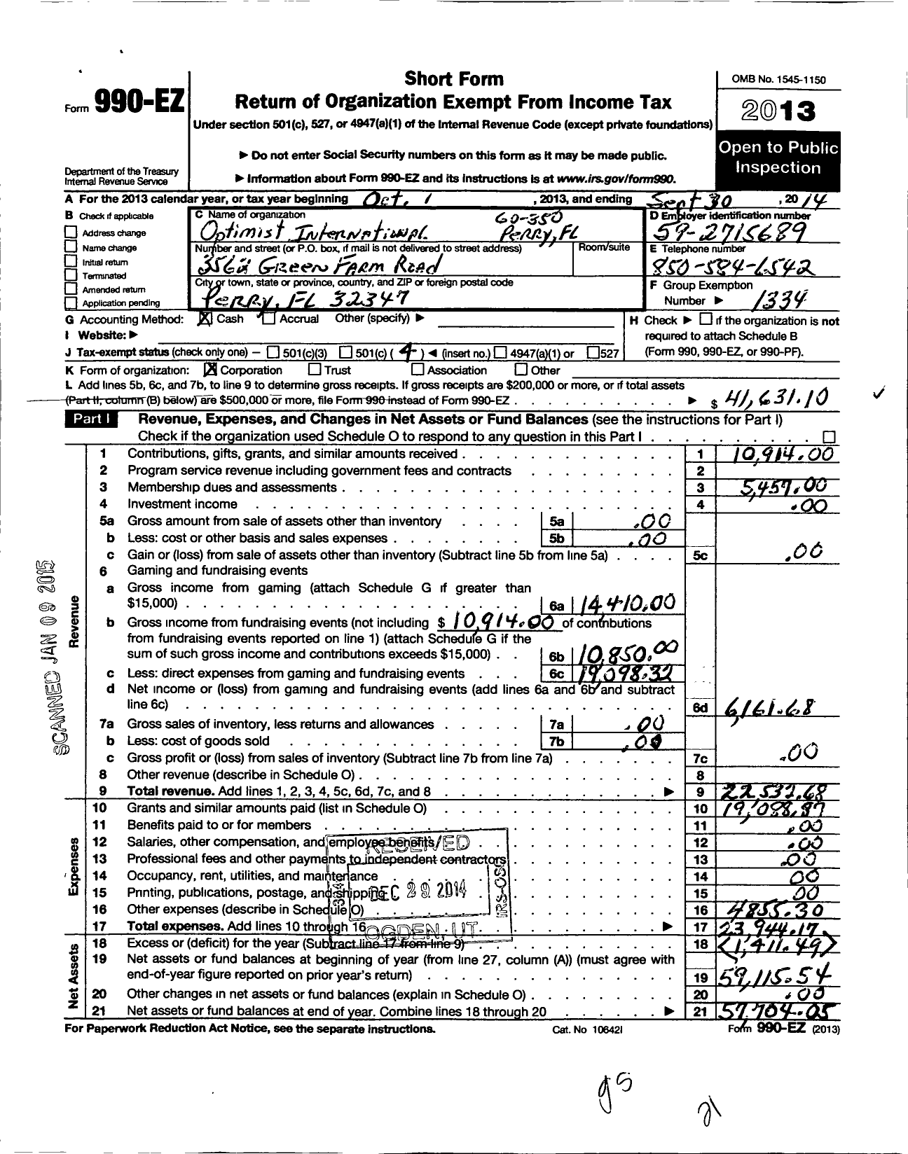 Image of first page of 2013 Form 990EO for Optimist International - 60350 Perry FL