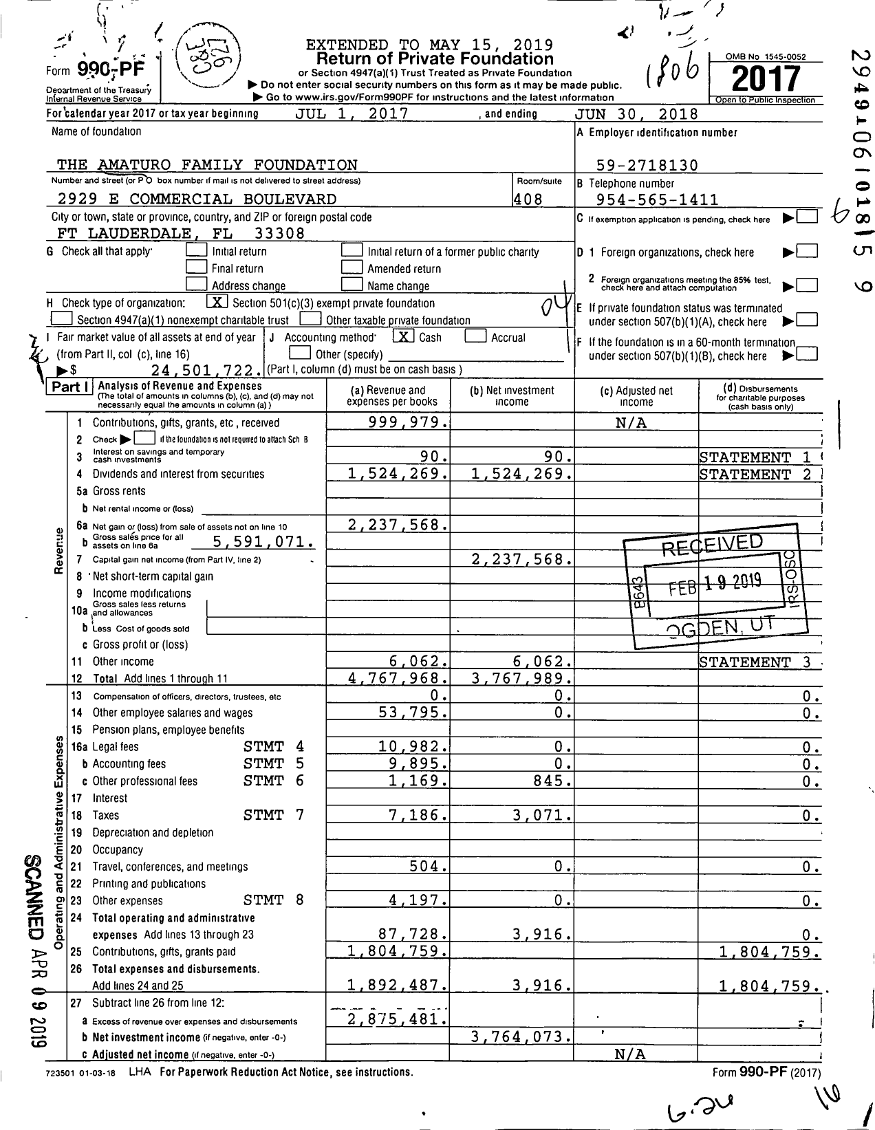 Image of first page of 2017 Form 990PF for The Amaturo Family Foundation
