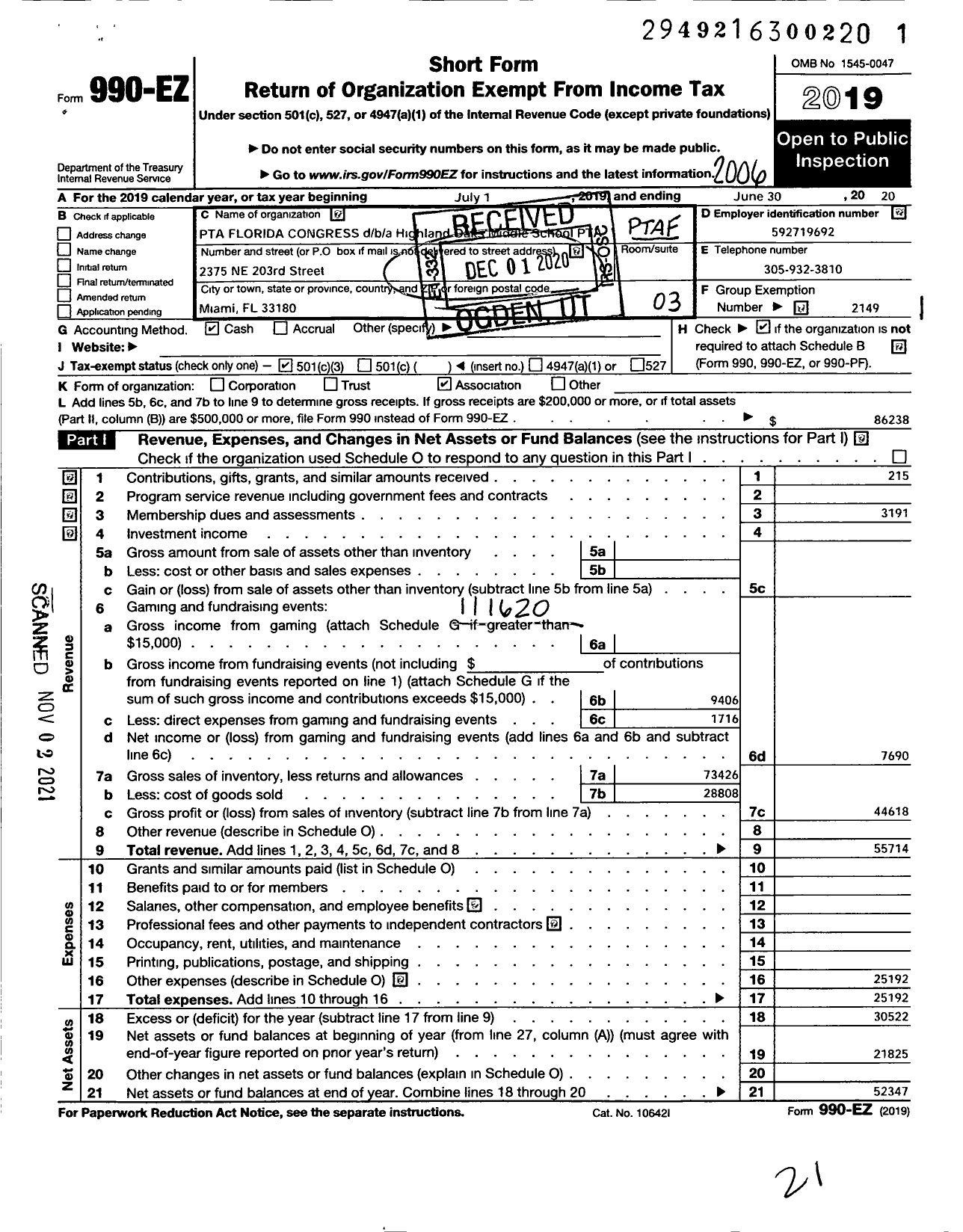 Image of first page of 2019 Form 990EZ for PTA FLORIDA CONGRESS - Highland Oaks Middle PTA