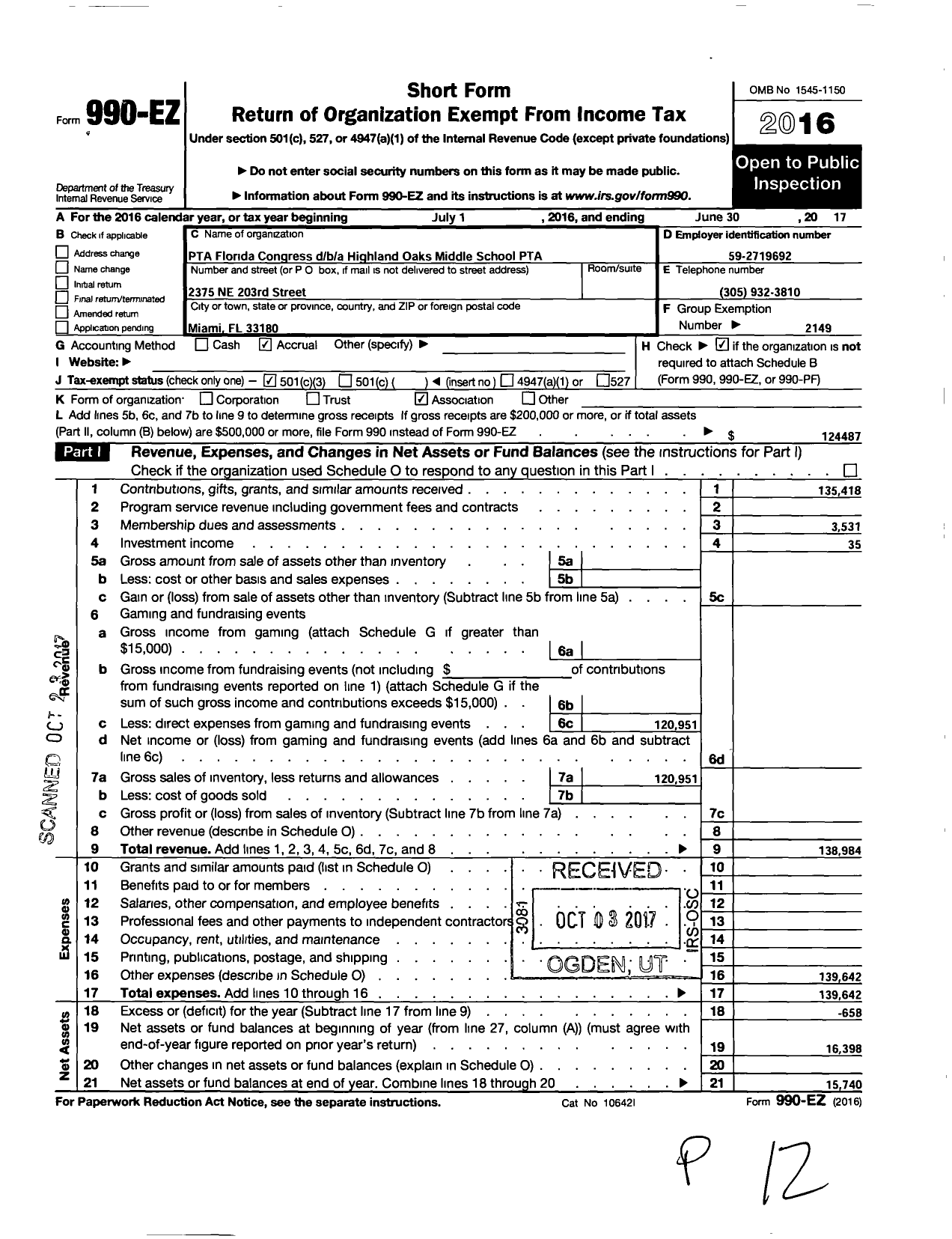 Image of first page of 2016 Form 990EZ for PTA FLORIDA CONGRESS - Highland Oaks Middle PTA