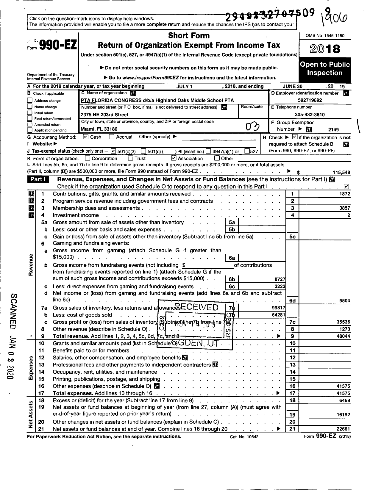 Image of first page of 2018 Form 990EZ for PTA FLORIDA CONGRESS - Highland Oaks Middle PTA