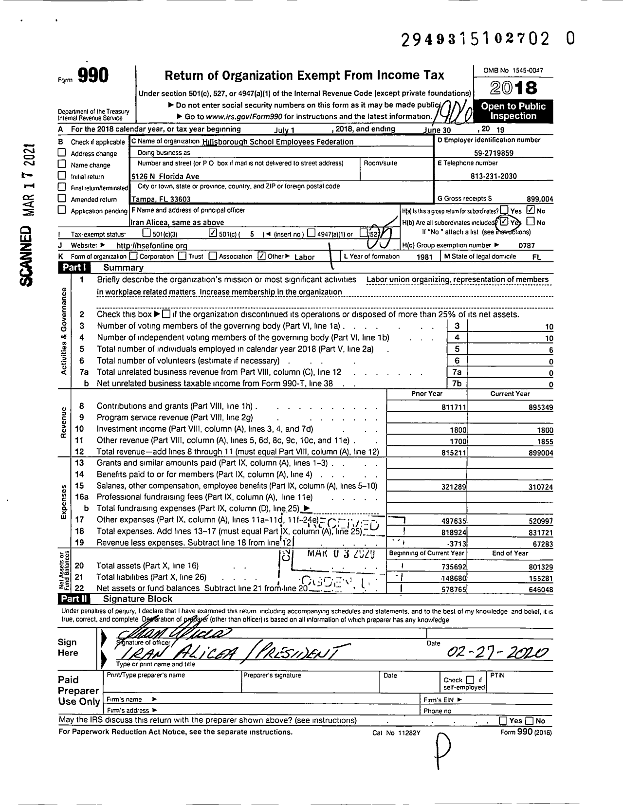Image of first page of 2018 Form 990O for American Federation of Teachers - Hillsborough School Employee Federation