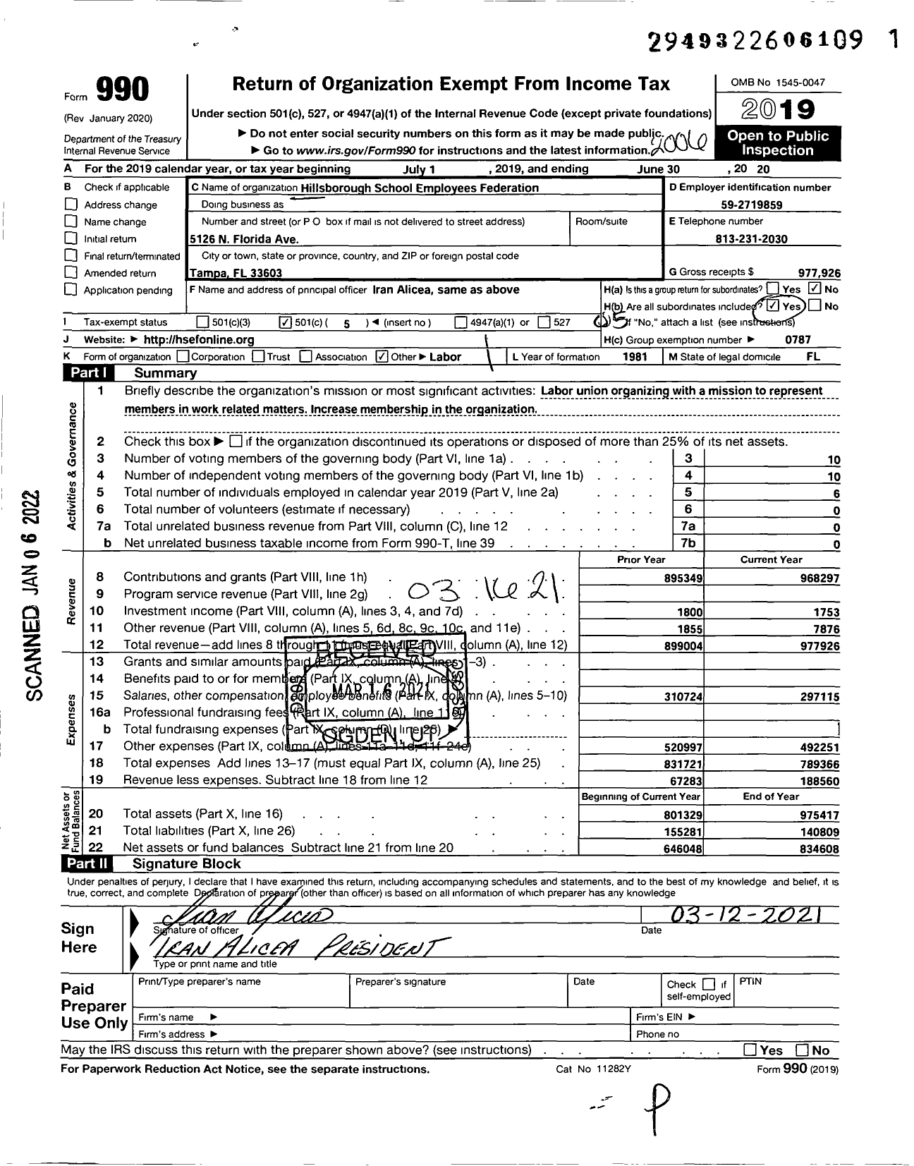 Image of first page of 2019 Form 990O for American Federation of Teachers - Hillsborough School Employee Federation