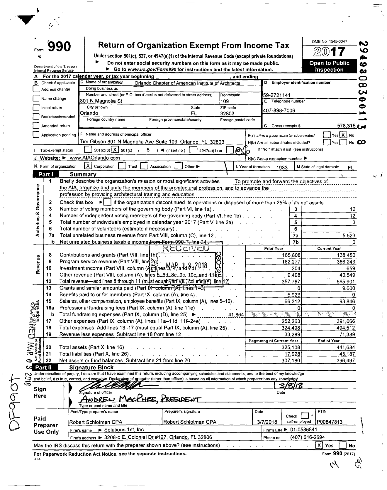 Image of first page of 2017 Form 990O for Orlando Chapter of the American Institute of Architects