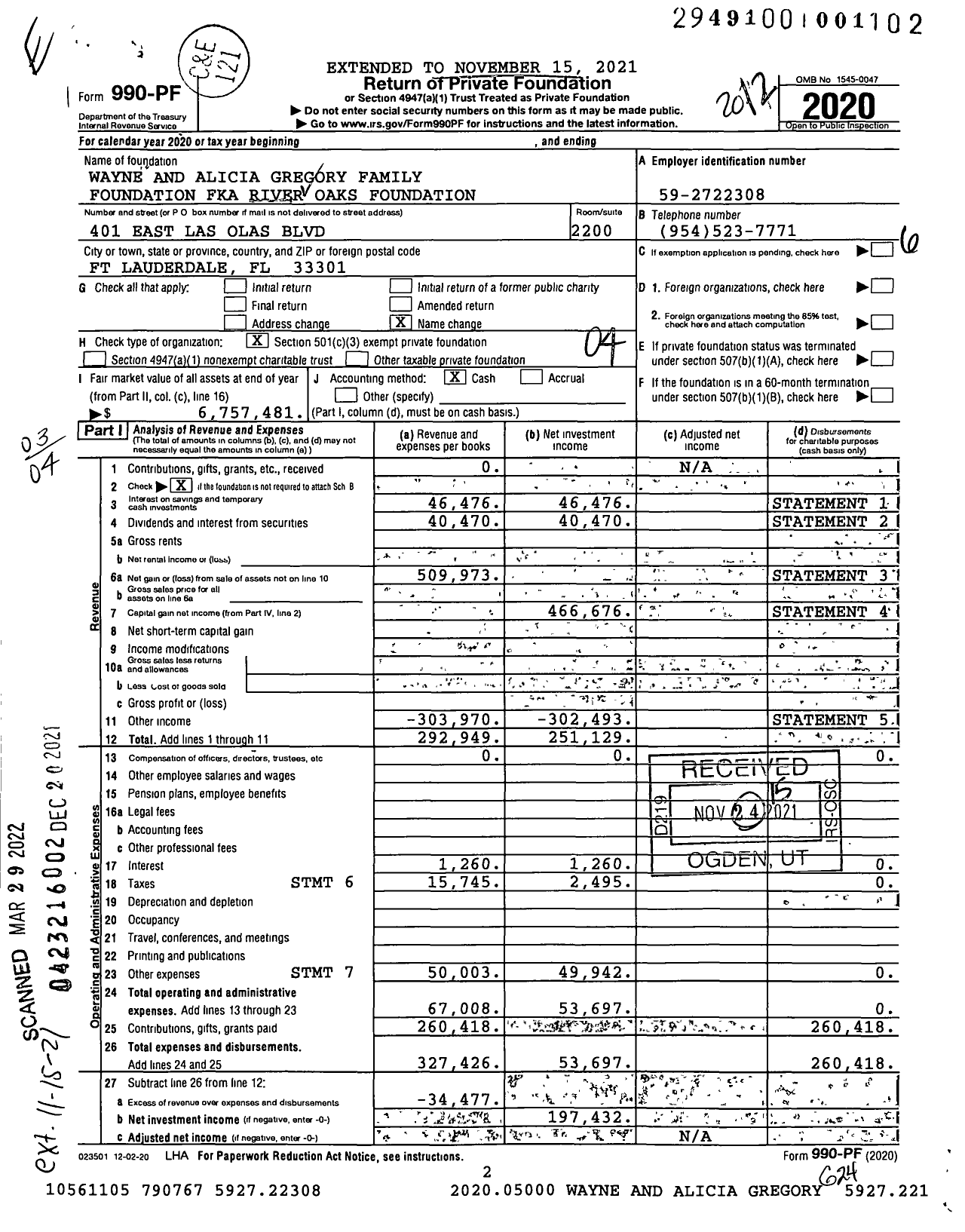 Image of first page of 2020 Form 990PF for Wayne and Alicia Gregory Family Foundation