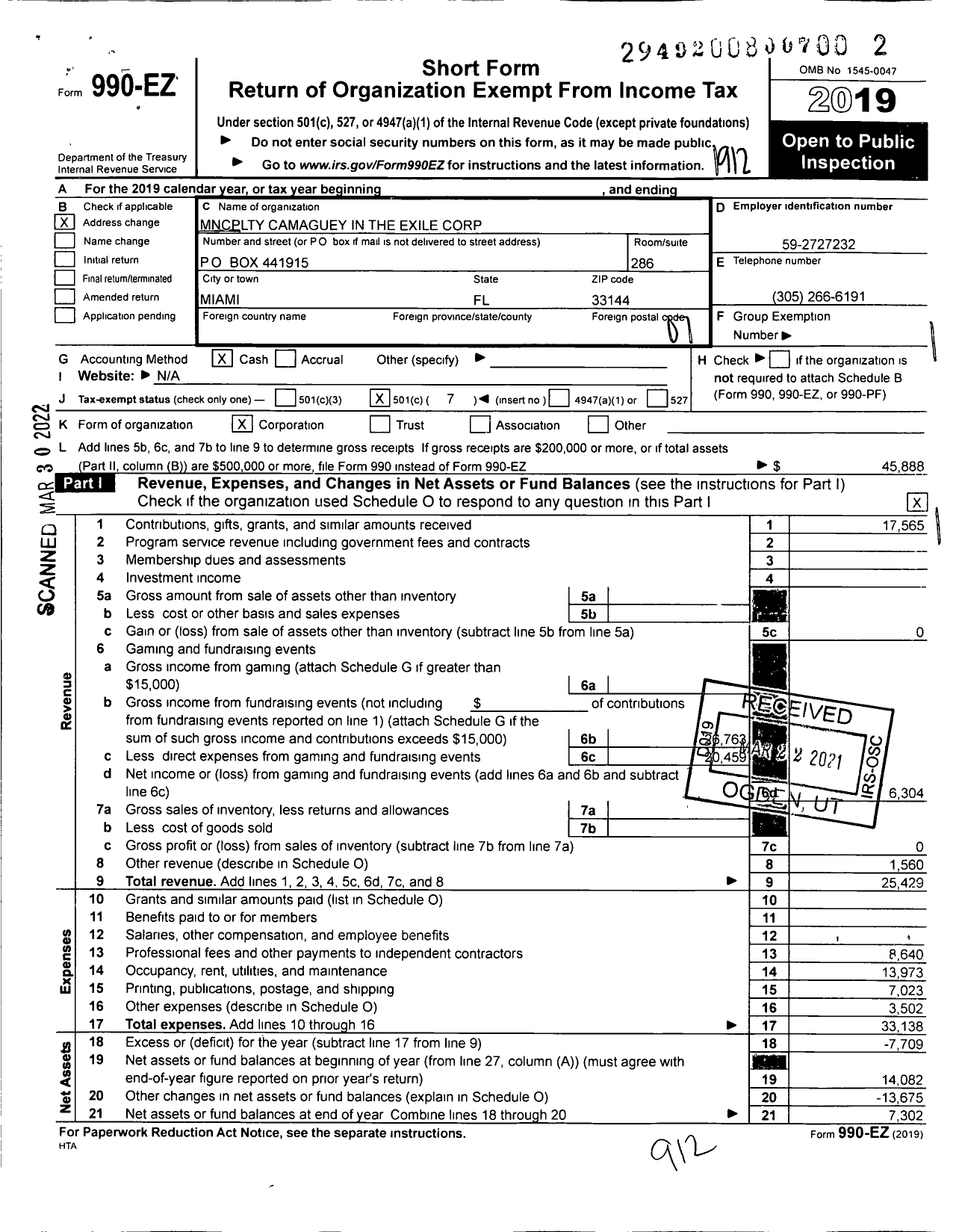 Image of first page of 2019 Form 990EO for Municipality of Camaguey in the Exile Corporation