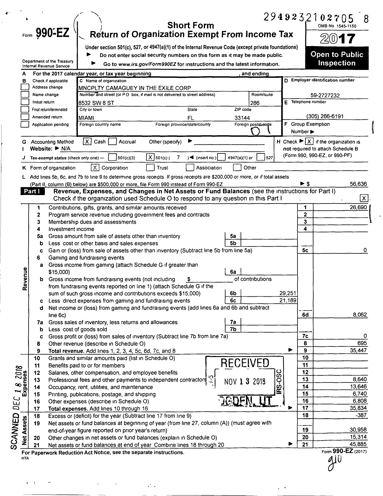 Image of first page of 2017 Form 990EO for Municipality of Camaguey in the Exile Corporation