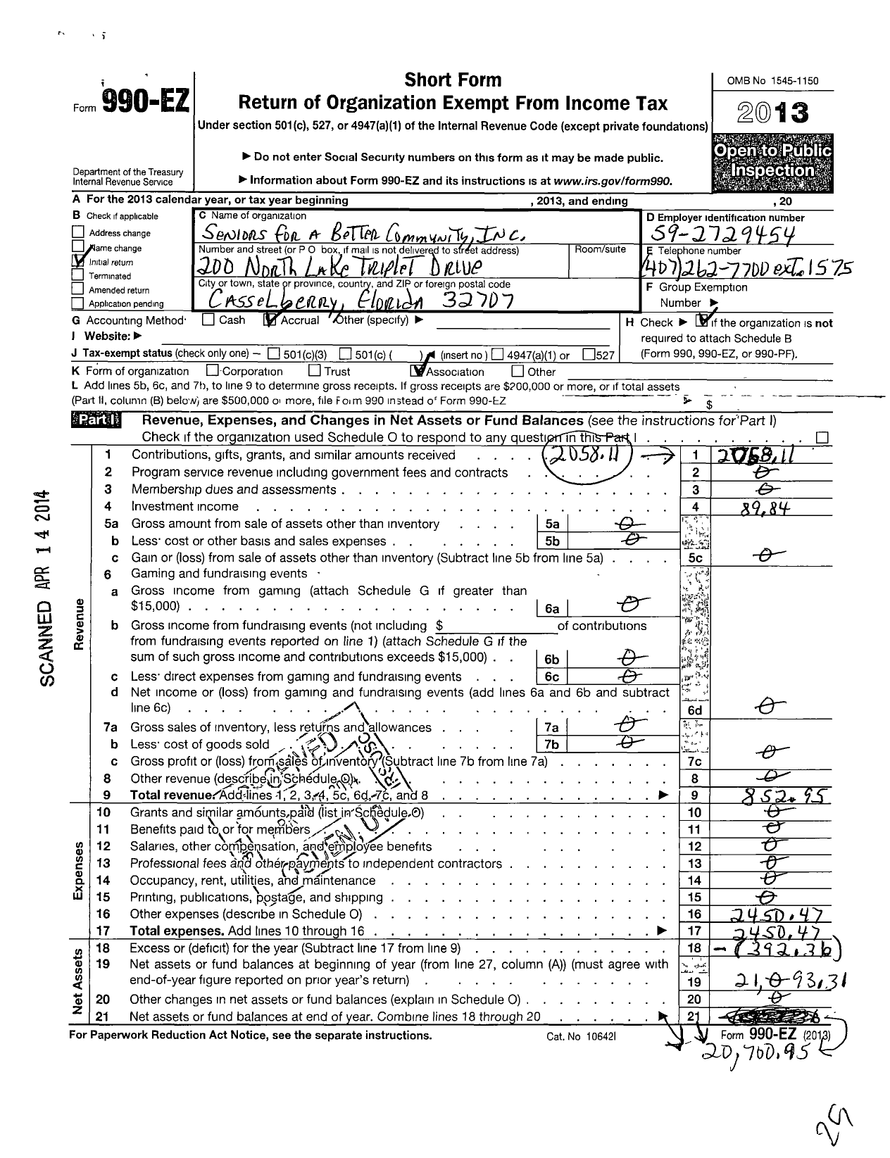 Image of first page of 2013 Form 990EO for Seniors for A Better Community