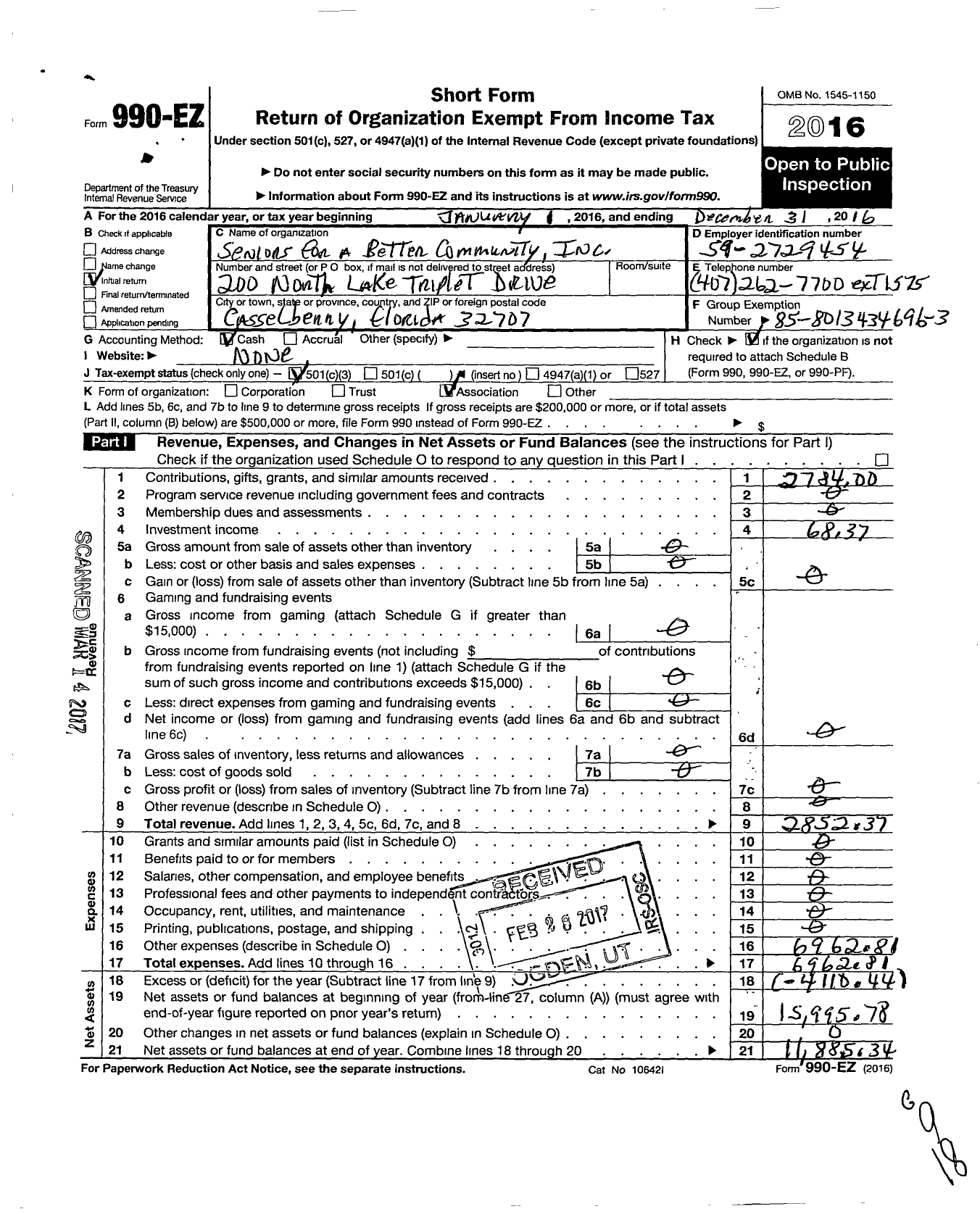 Image of first page of 2016 Form 990EZ for Seniors for A Better Community