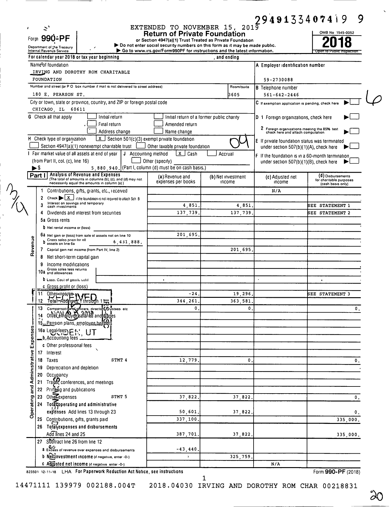 Image of first page of 2018 Form 990PF for Irving and Dorothy Rom Charitable Foundation